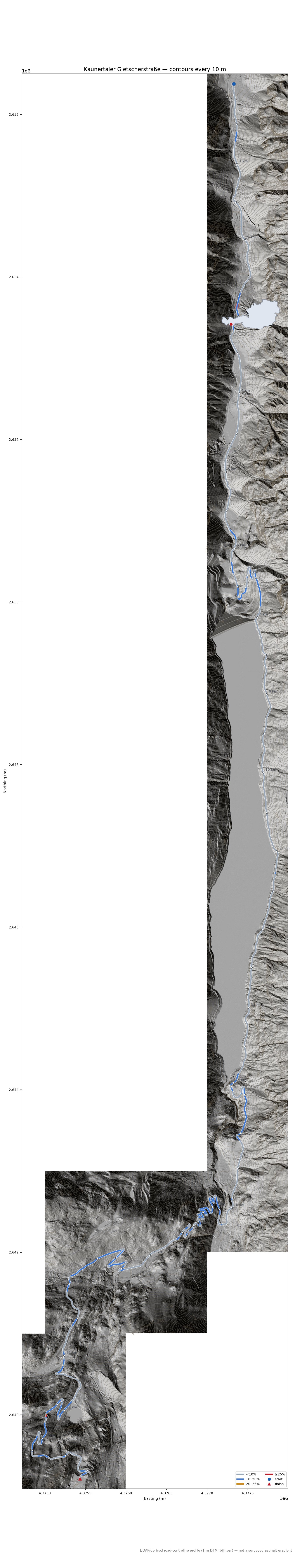 Kaunertaler Gletscherstraße LiDAR hillshade map with contours
