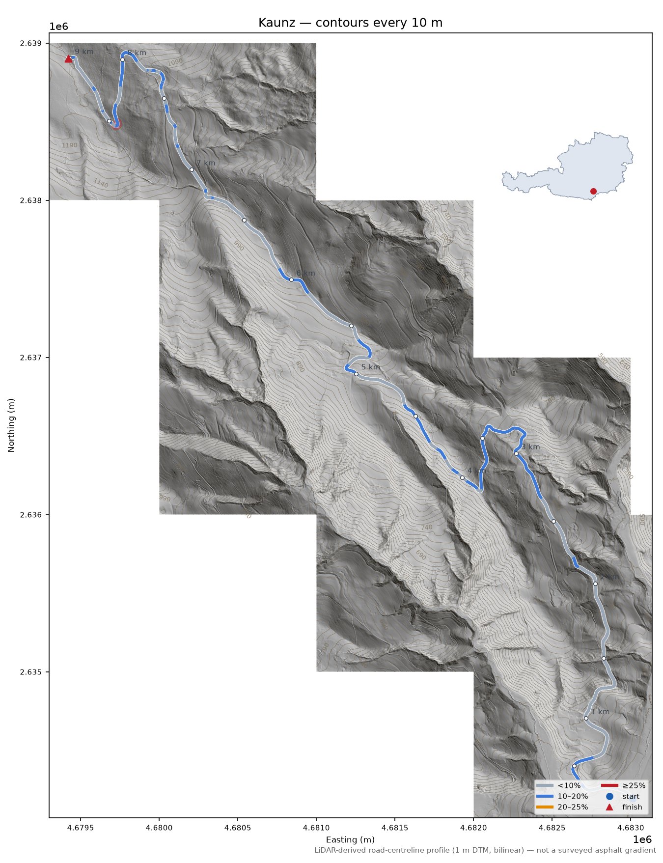 Kaunz LiDAR hillshade map with contours