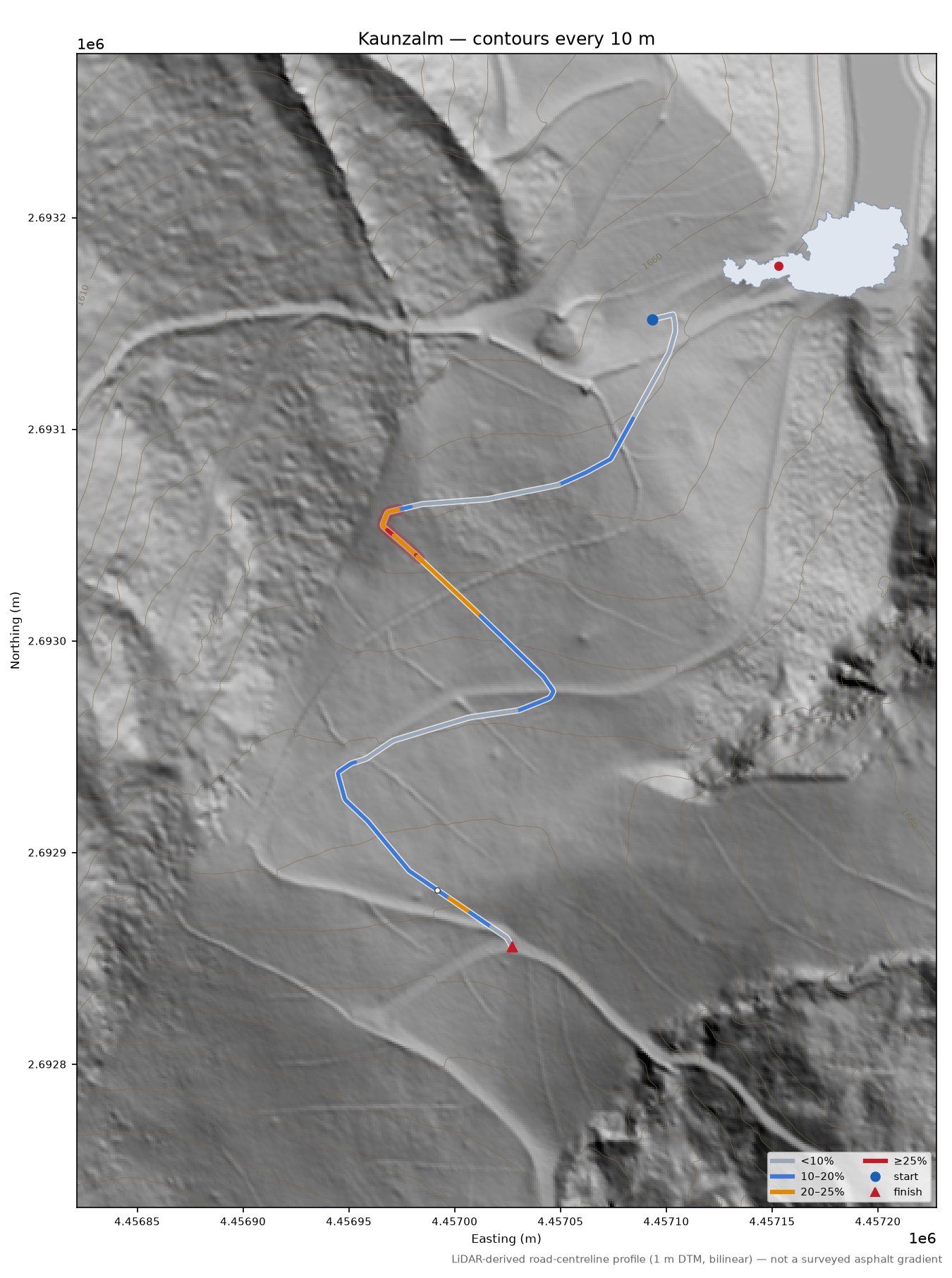 Kaunzalm LiDAR hillshade map with contours