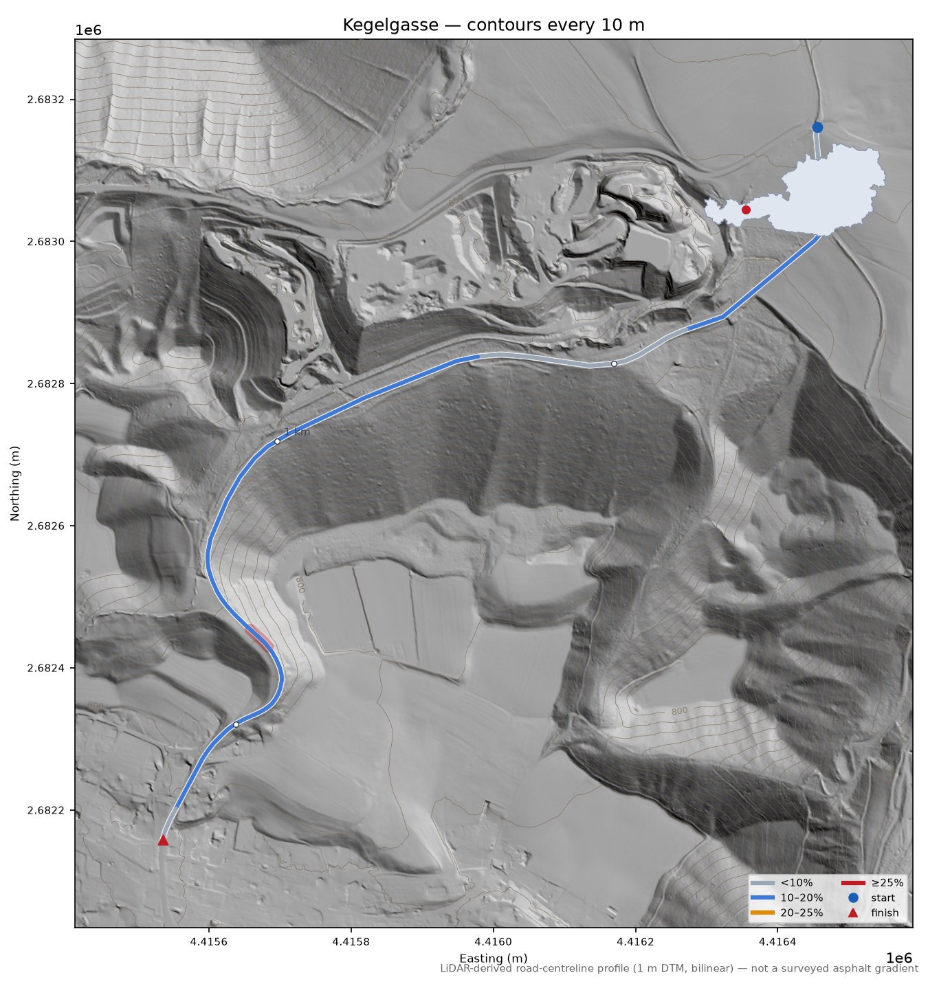 Kegelgasse LiDAR hillshade map with contours