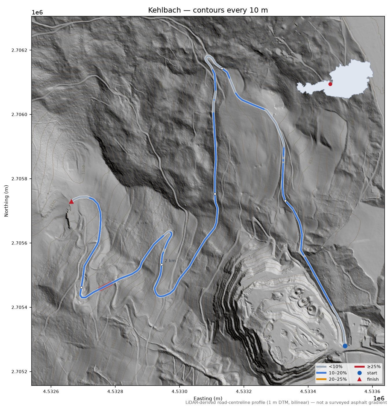 Kehlbach LiDAR hillshade map with contours