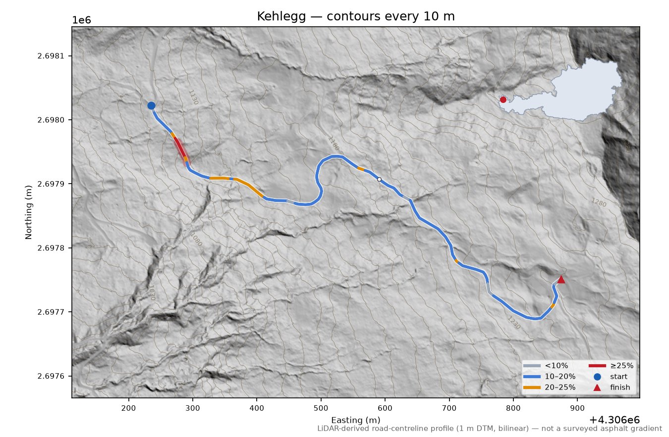 Kehlegg LiDAR hillshade map with contours