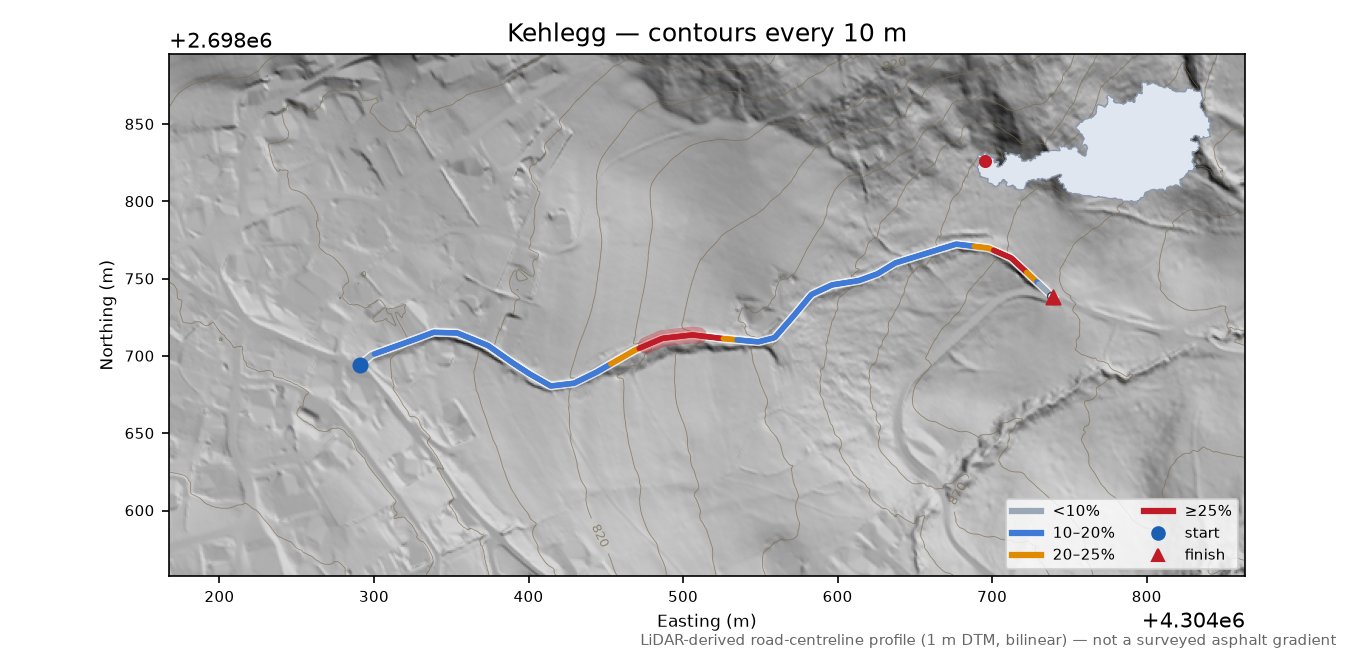 Kehlegg LiDAR hillshade map with contours