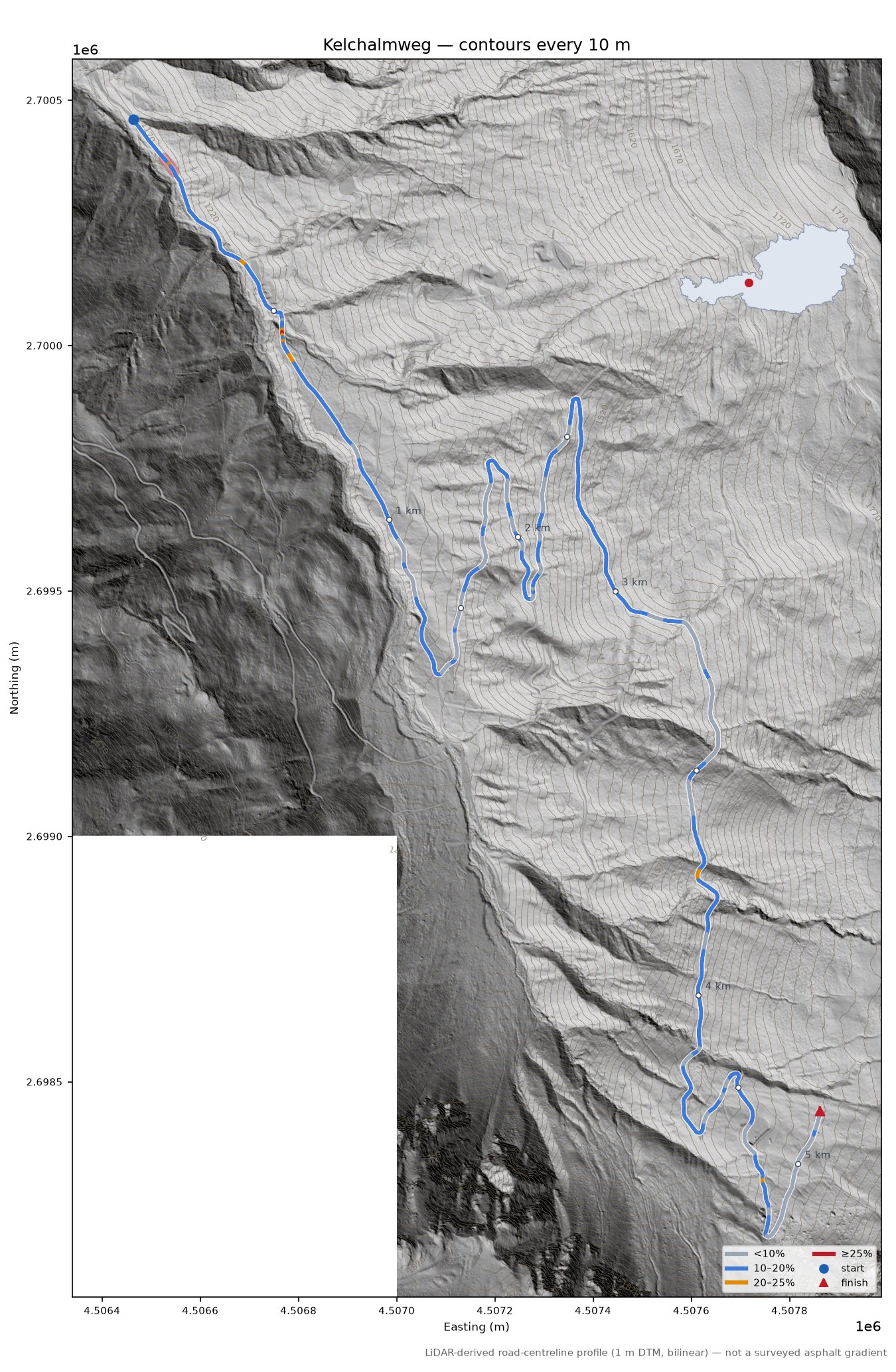 Kelchalmweg LiDAR hillshade map with contours