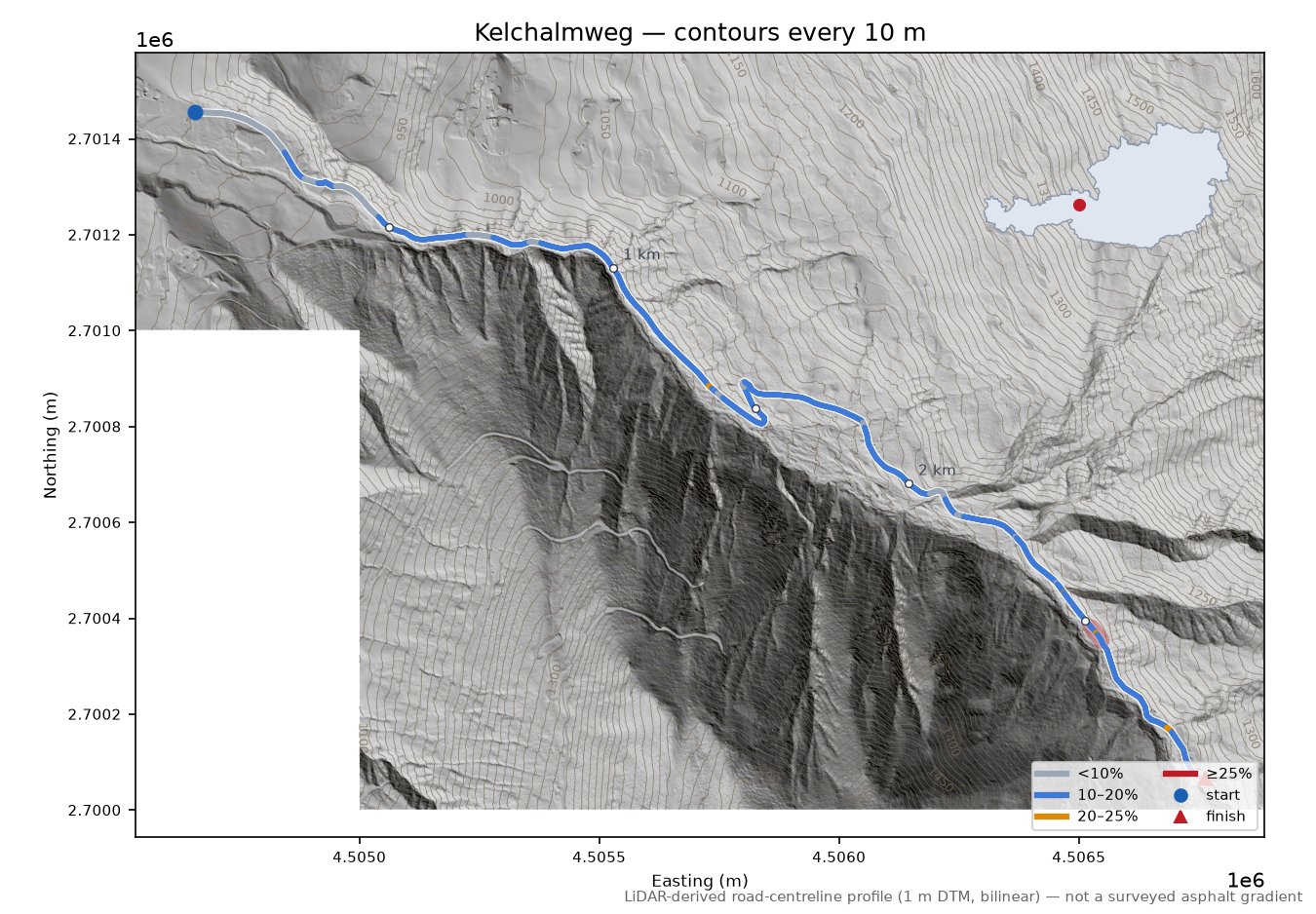 Kelchalmweg LiDAR hillshade map with contours