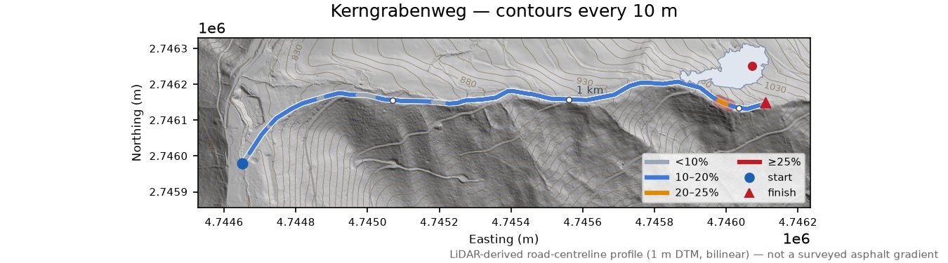 Kerngrabenweg LiDAR hillshade map with contours