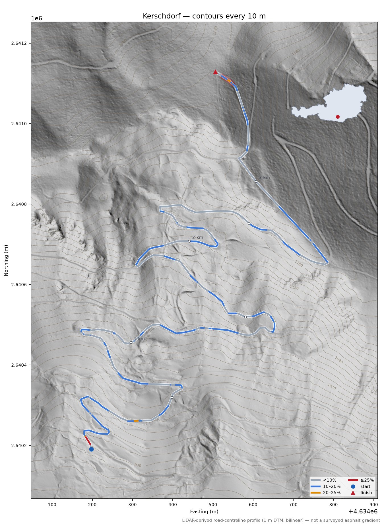 Kerschdorf LiDAR hillshade map with contours