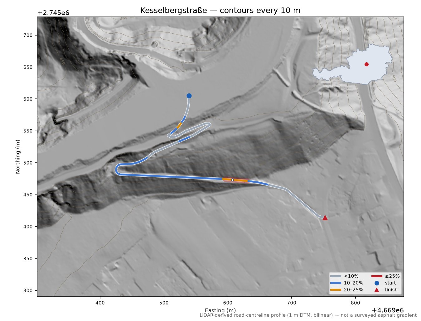 Kesselbergstraße LiDAR hillshade map with contours