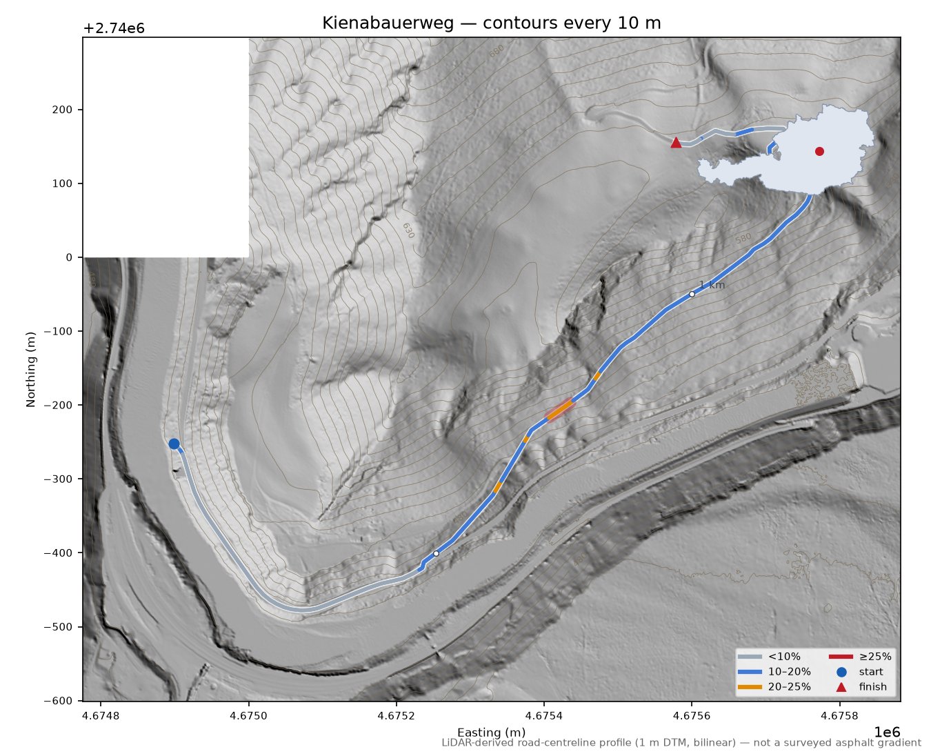 Kienabauerweg LiDAR hillshade map with contours