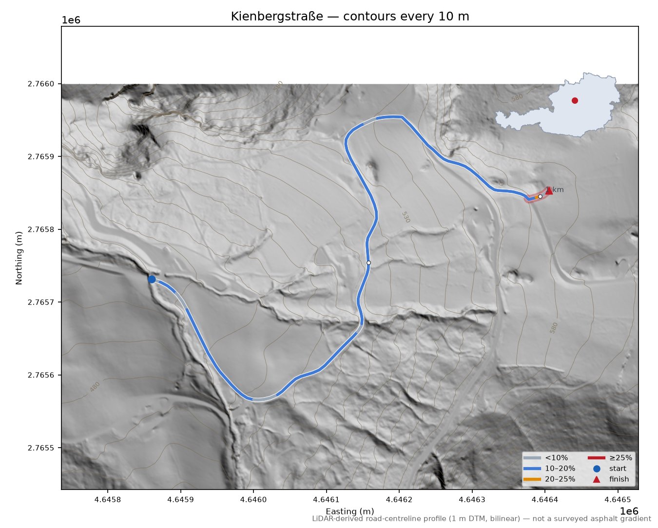 Kienbergstraße LiDAR hillshade map with contours