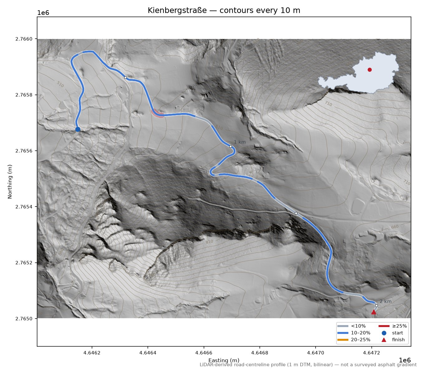 Kienbergstraße LiDAR hillshade map with contours