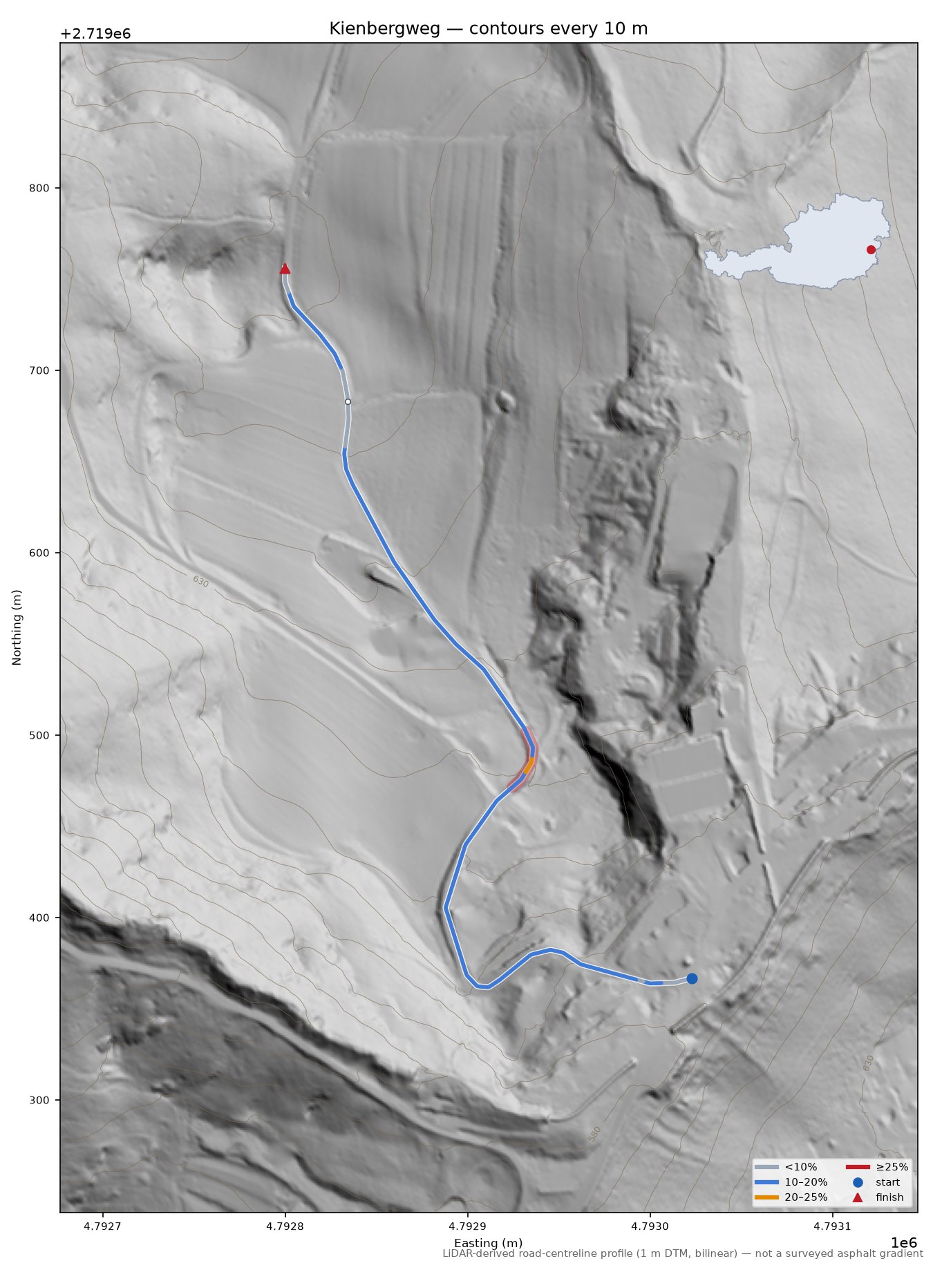 Kienbergweg LiDAR hillshade map with contours