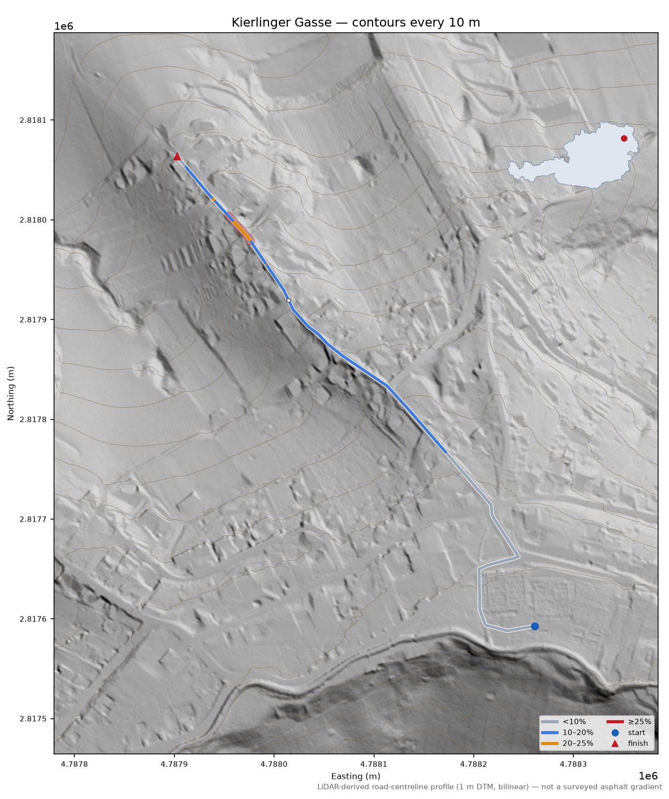 Kierlinger Gasse LiDAR hillshade map with contours