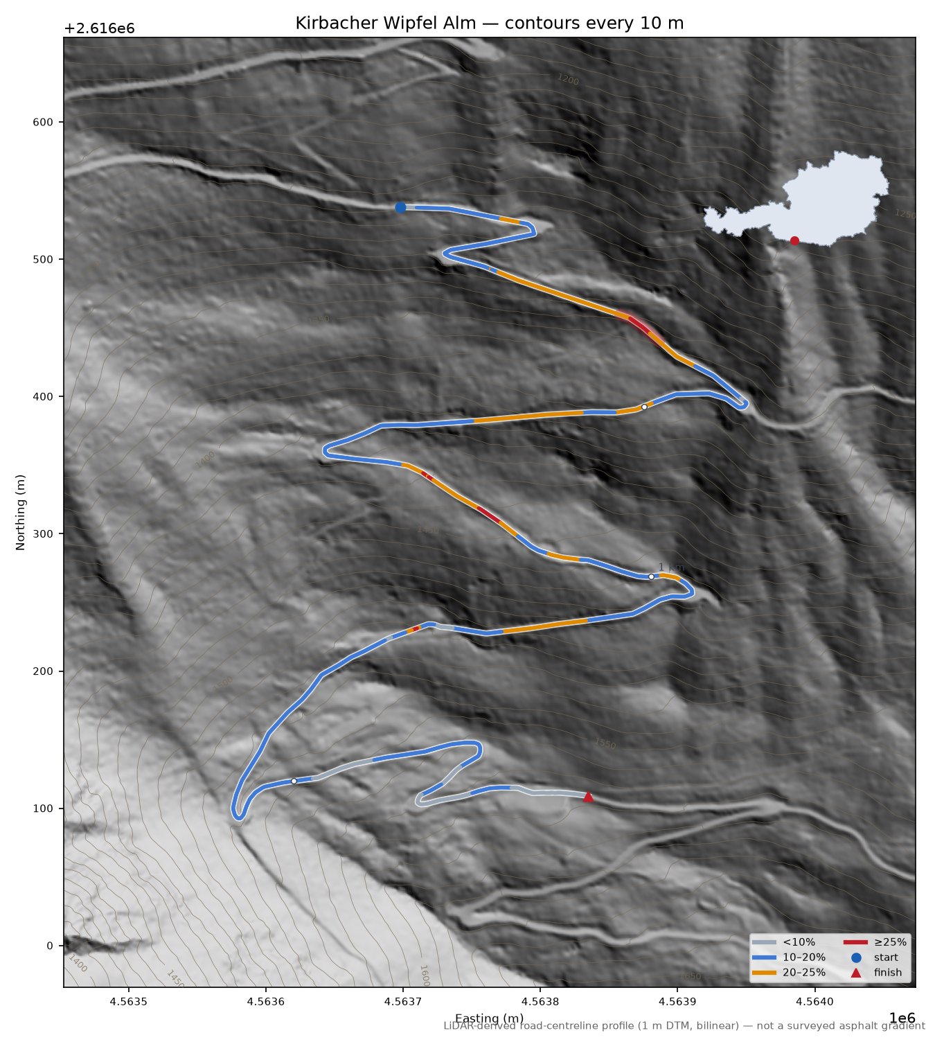 Kirbacher Wipfel Alm LiDAR hillshade map with contours