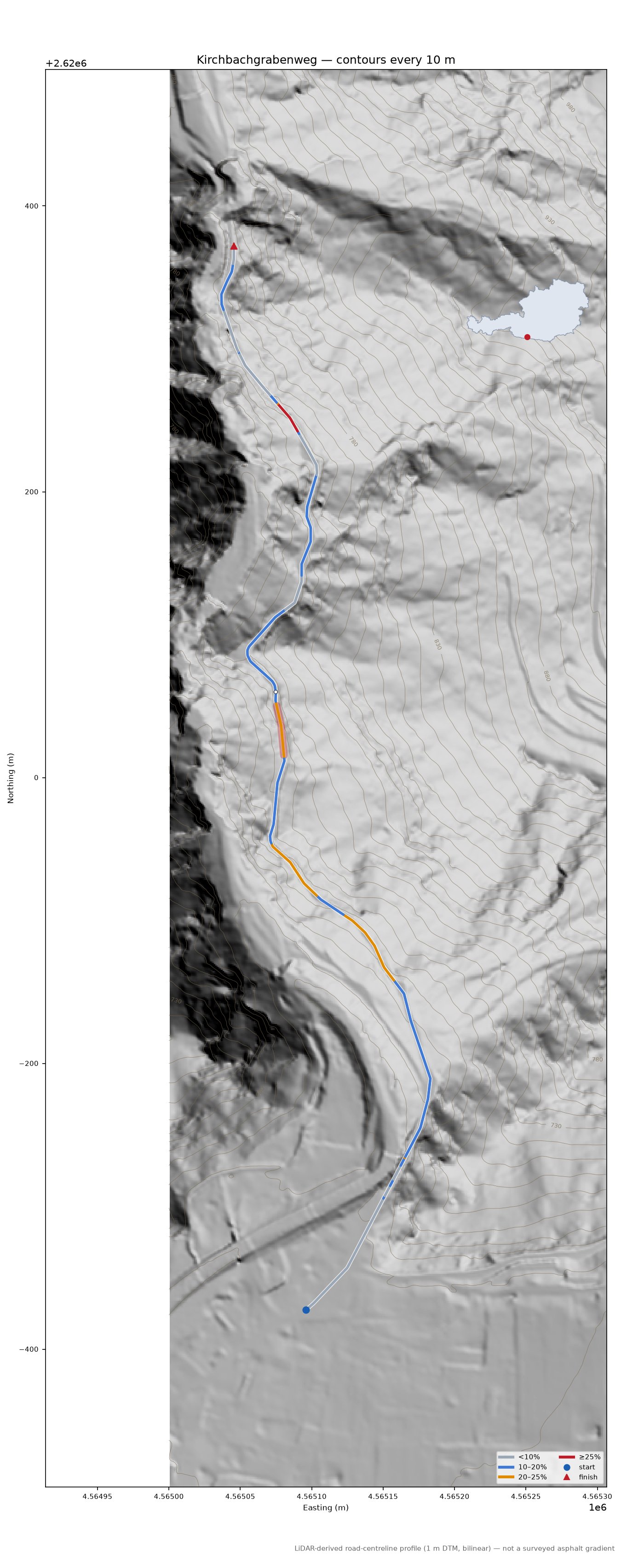 Kirchbachgrabenweg LiDAR hillshade map with contours