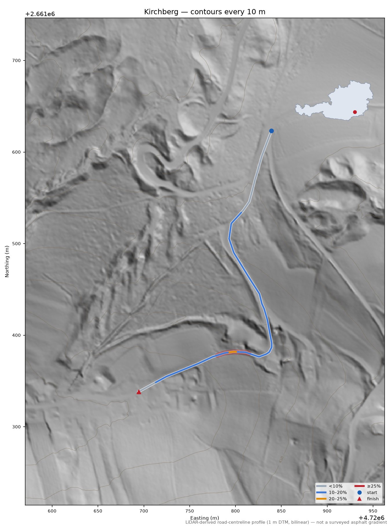 Kirchberg LiDAR hillshade map with contours