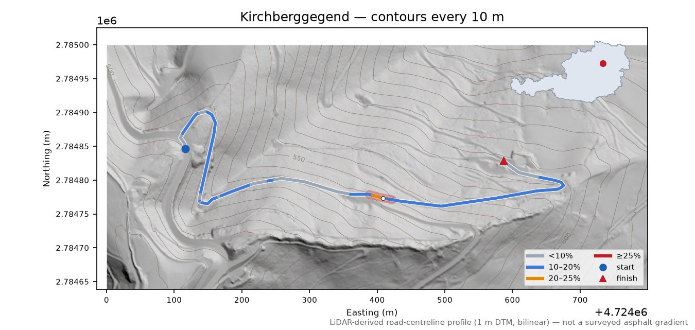 Kirchberggegend LiDAR hillshade map with contours