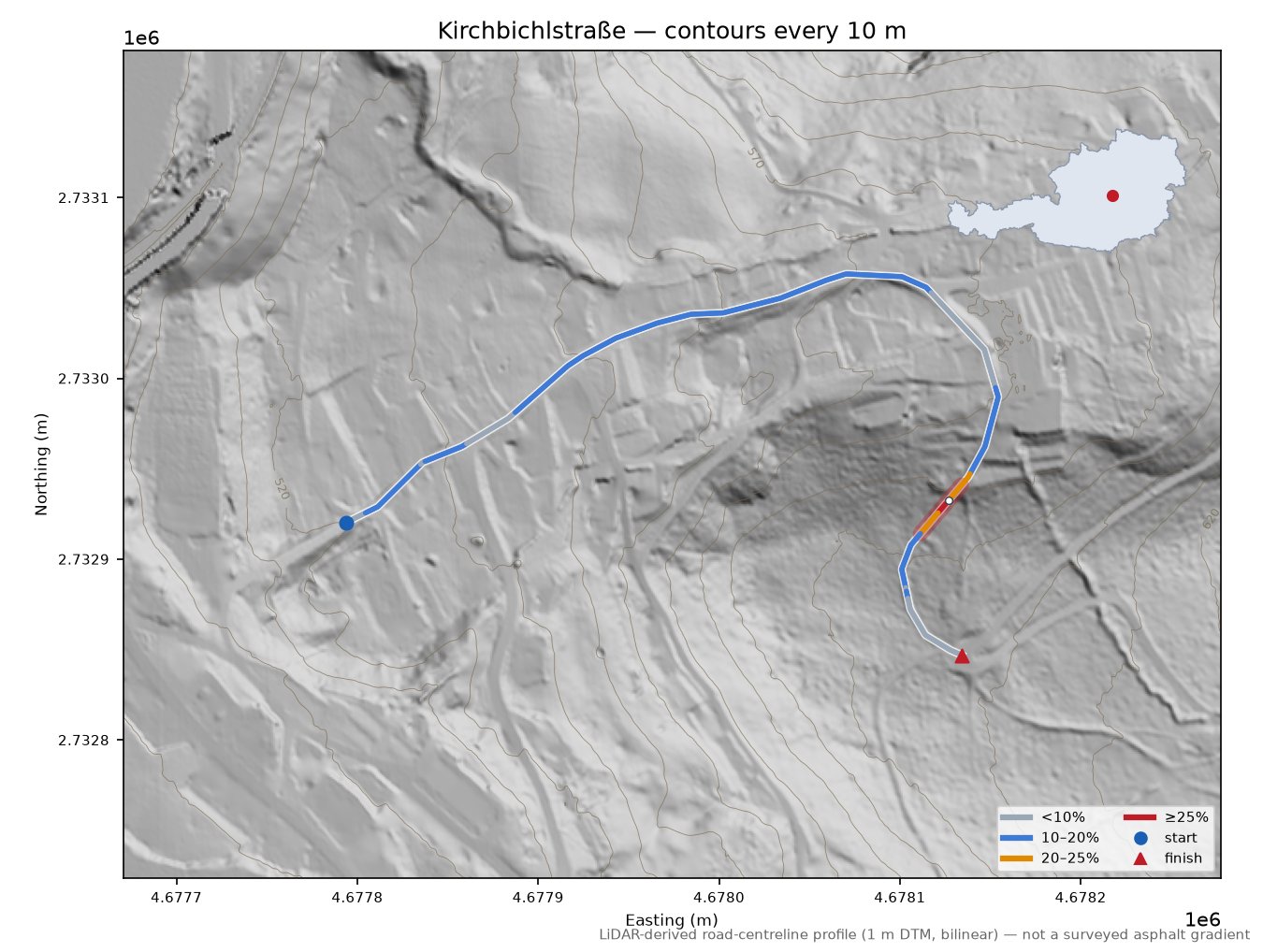 Kirchbichlstraße LiDAR hillshade map with contours