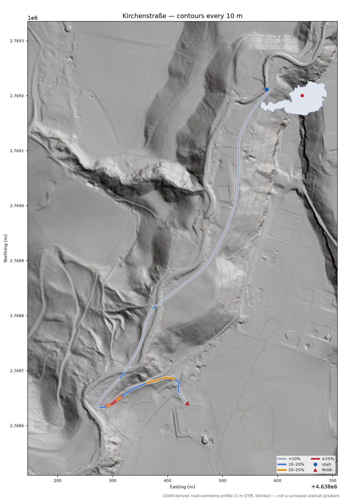 Kirchenstraße LiDAR hillshade map with contours