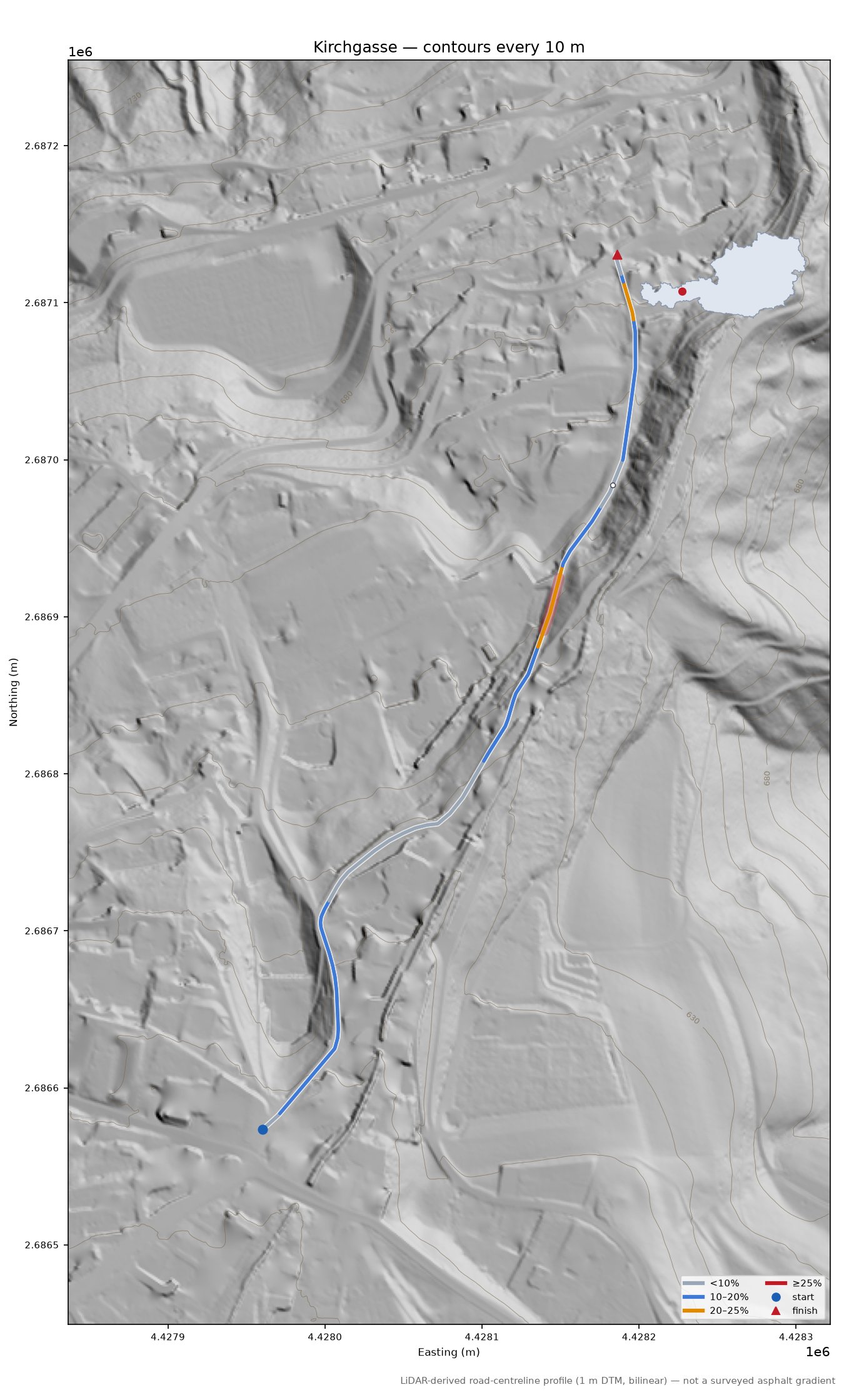 Kirchgasse LiDAR hillshade map with contours