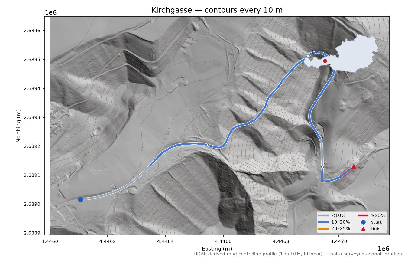 Kirchgasse LiDAR hillshade map with contours