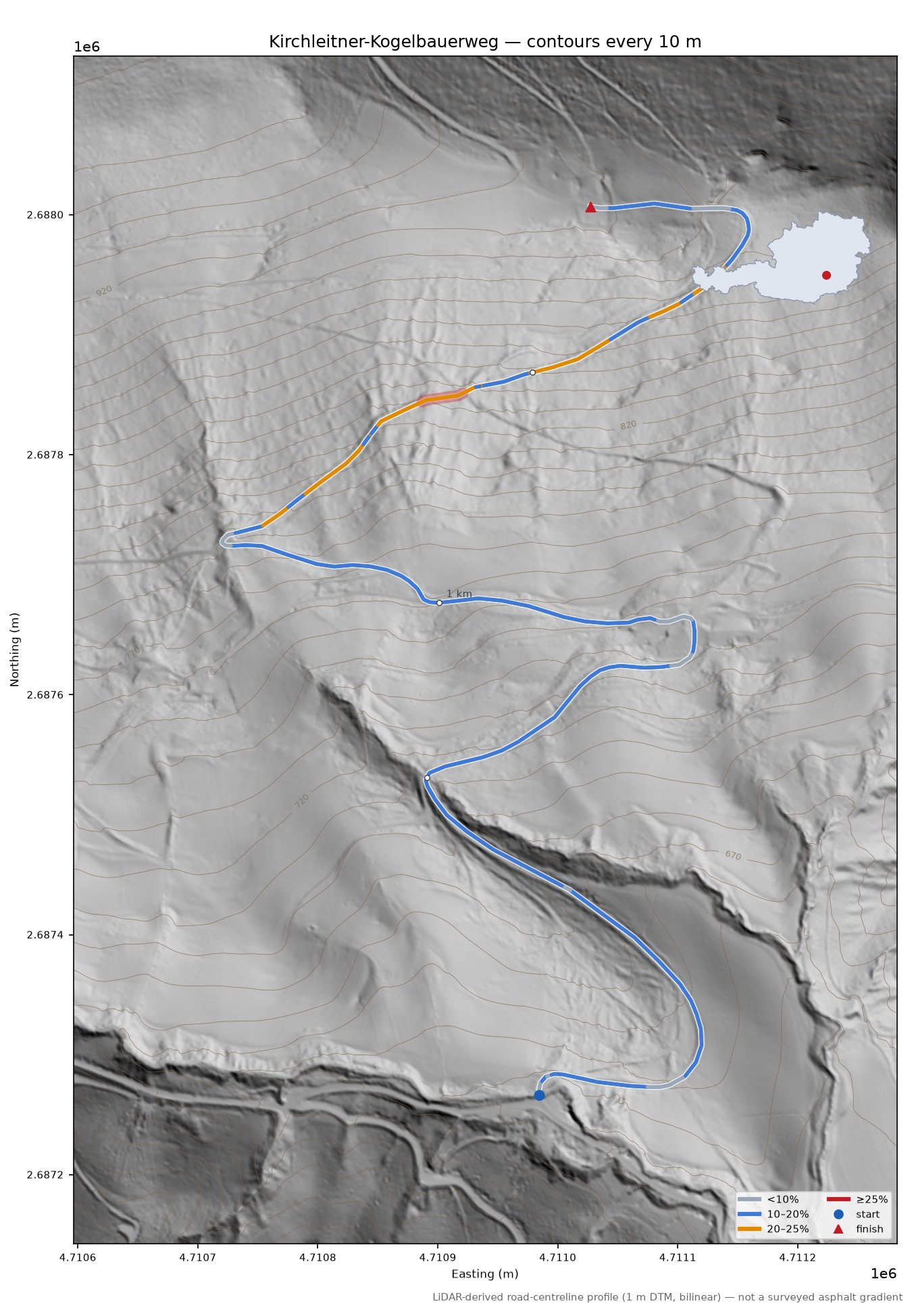 Kirchleitner-Kogelbauerweg LiDAR hillshade map with contours