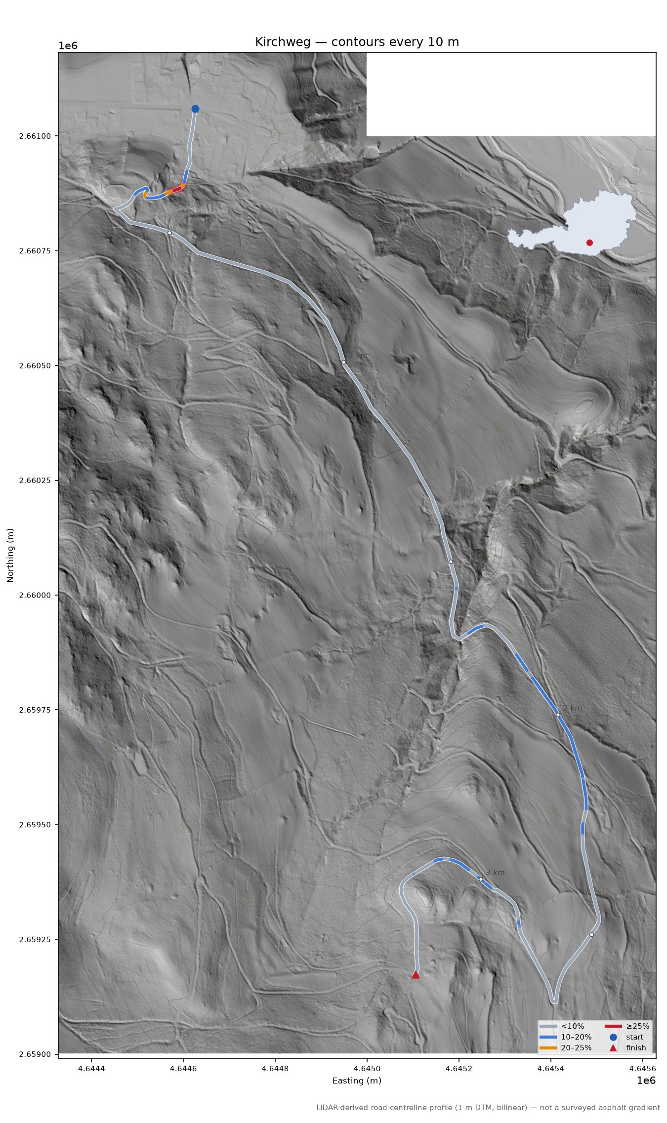 Kirchweg LiDAR hillshade map with contours