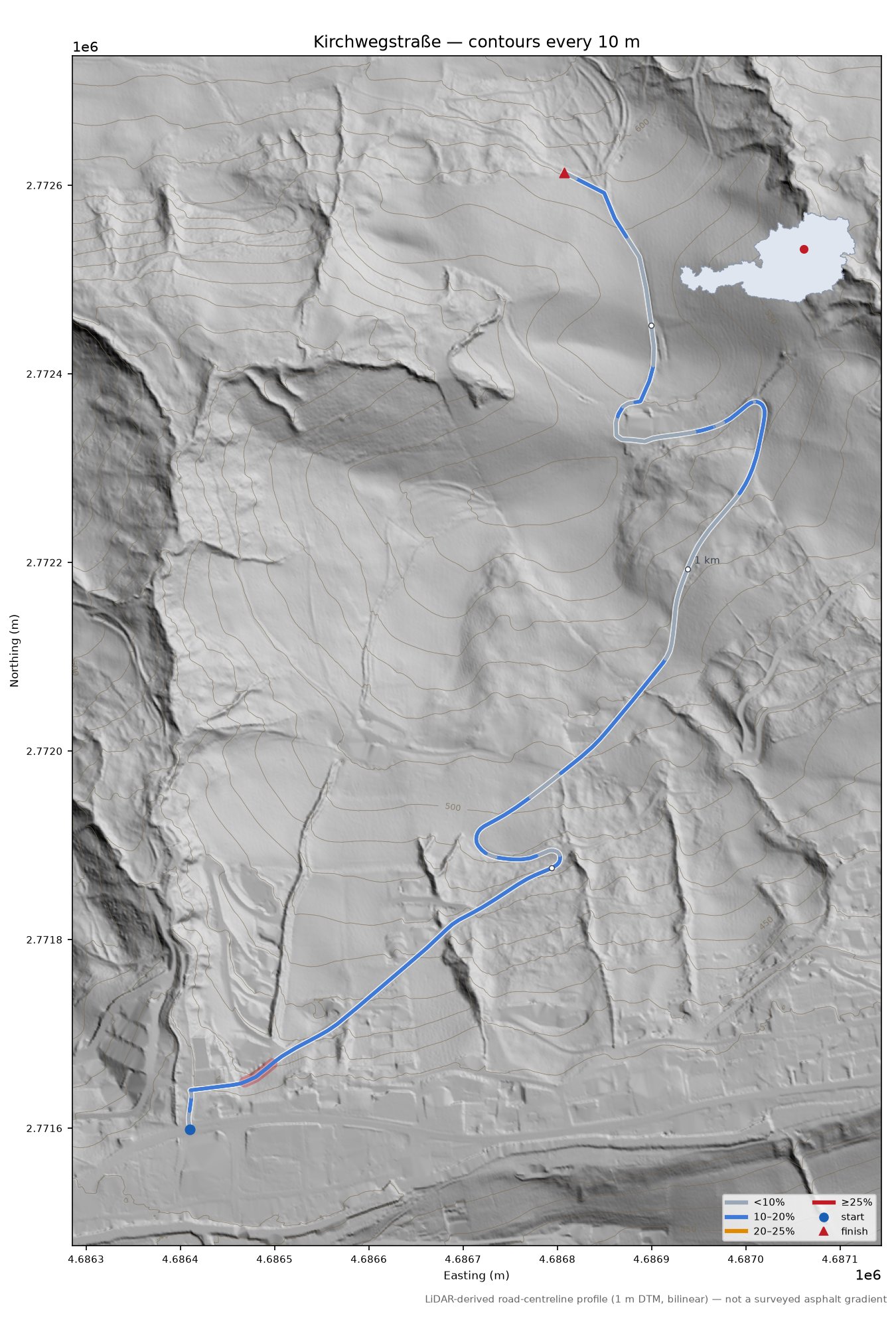 Kirchwegstraße LiDAR hillshade map with contours