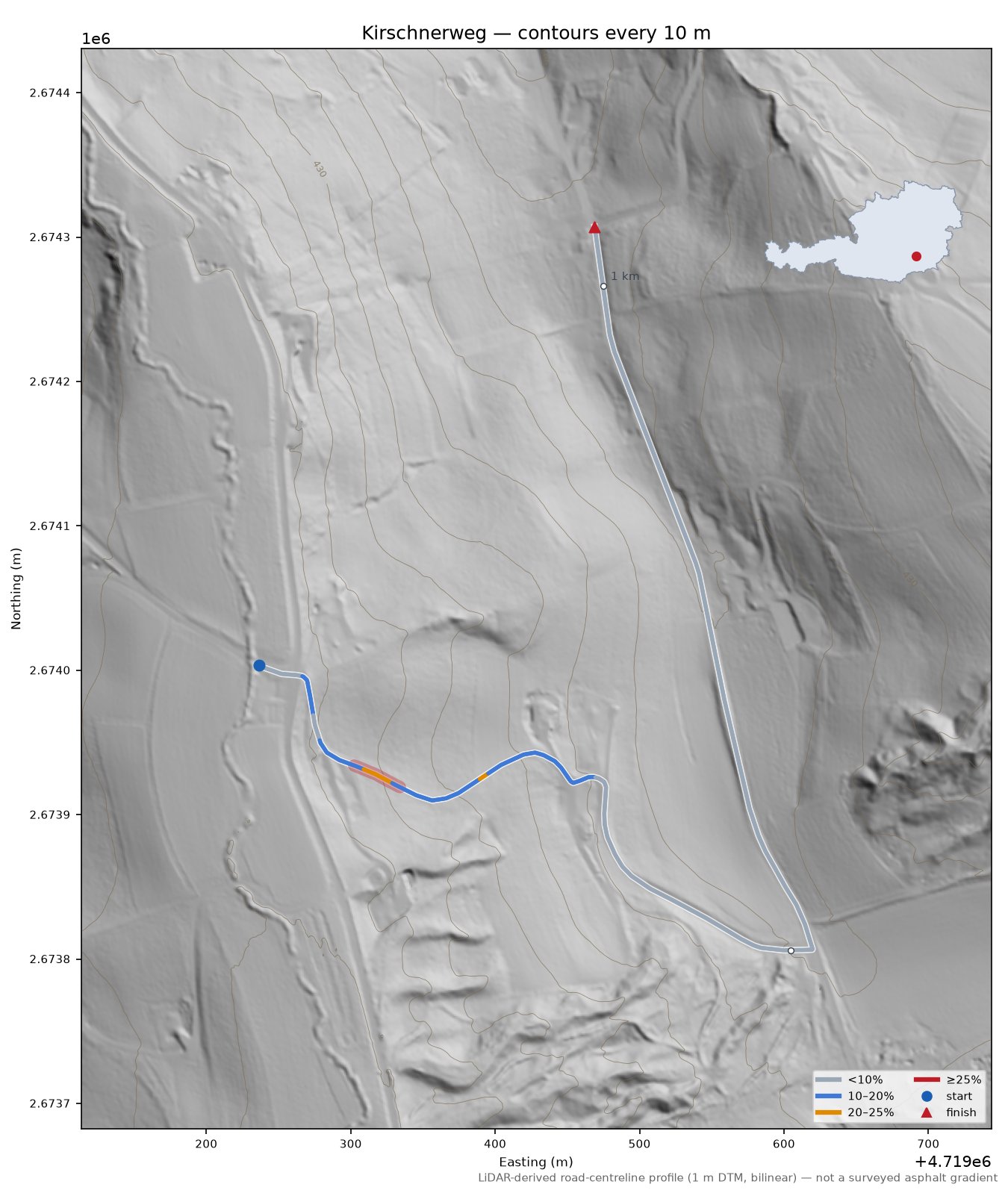 Kirschnerweg LiDAR hillshade map with contours