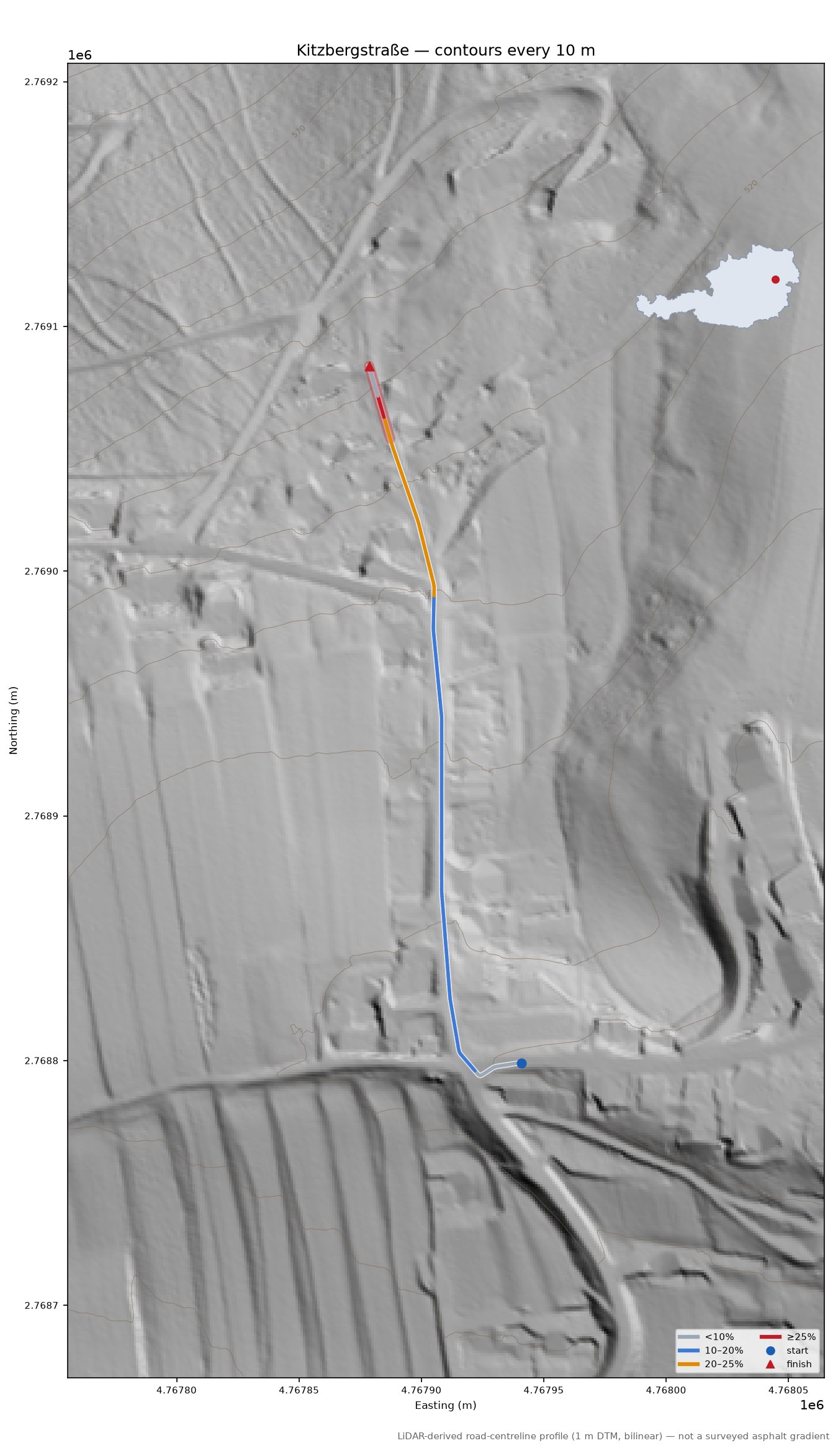 Kitzbergstraße LiDAR hillshade map with contours