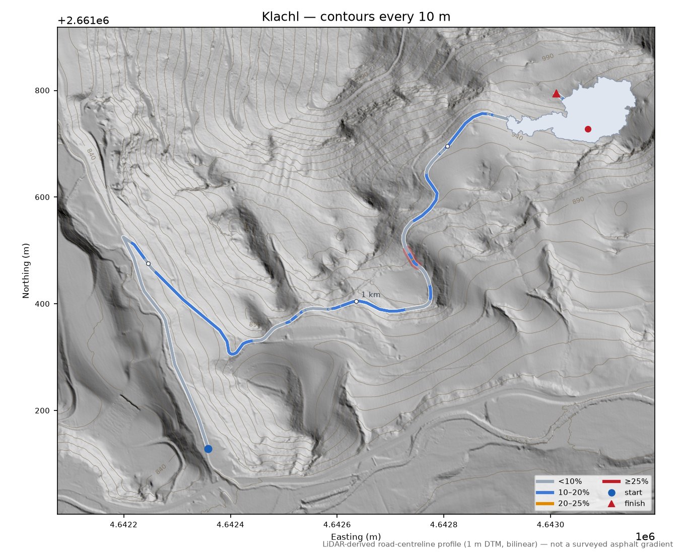 Klachl LiDAR hillshade map with contours