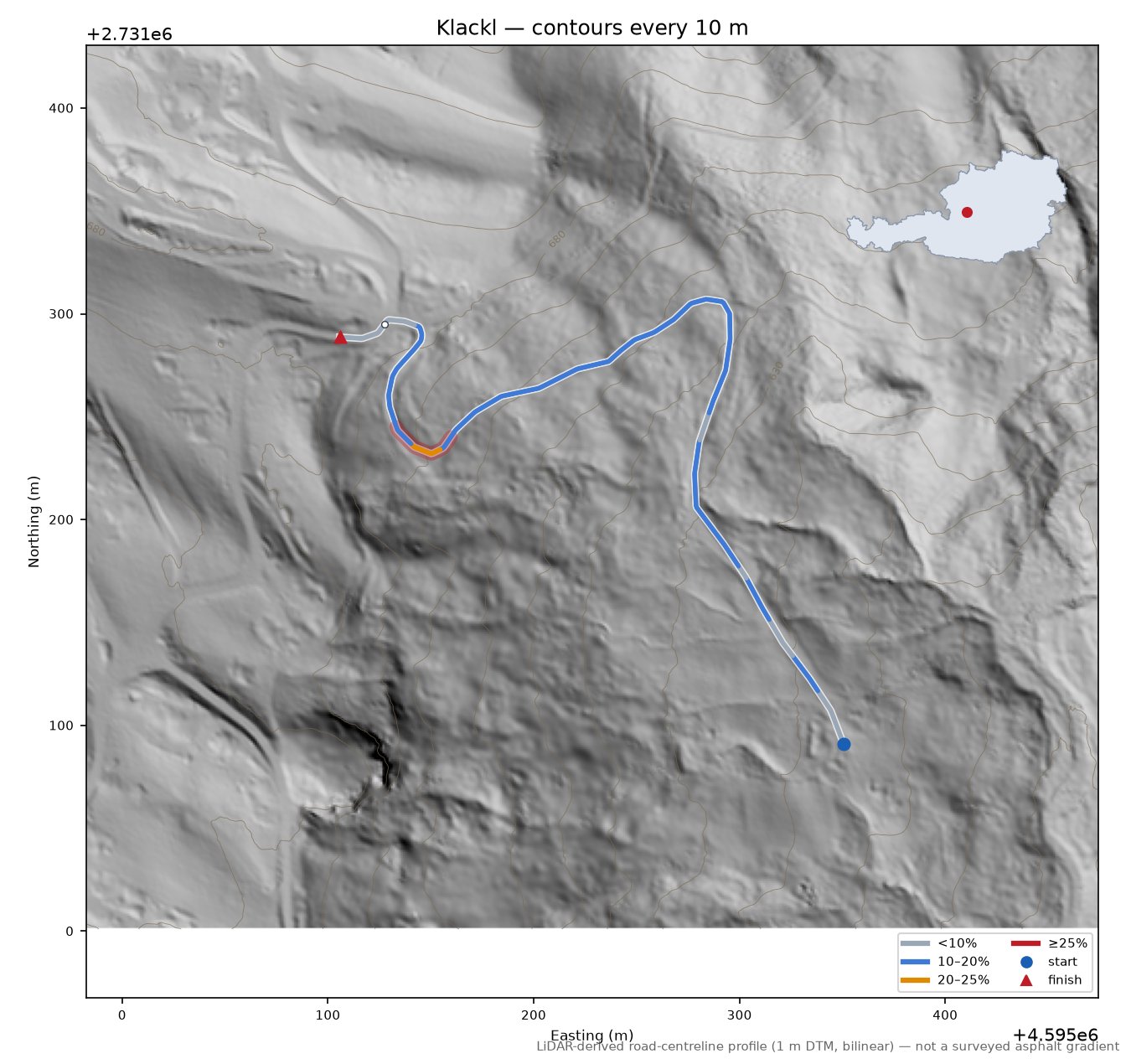 Klackl LiDAR hillshade map with contours