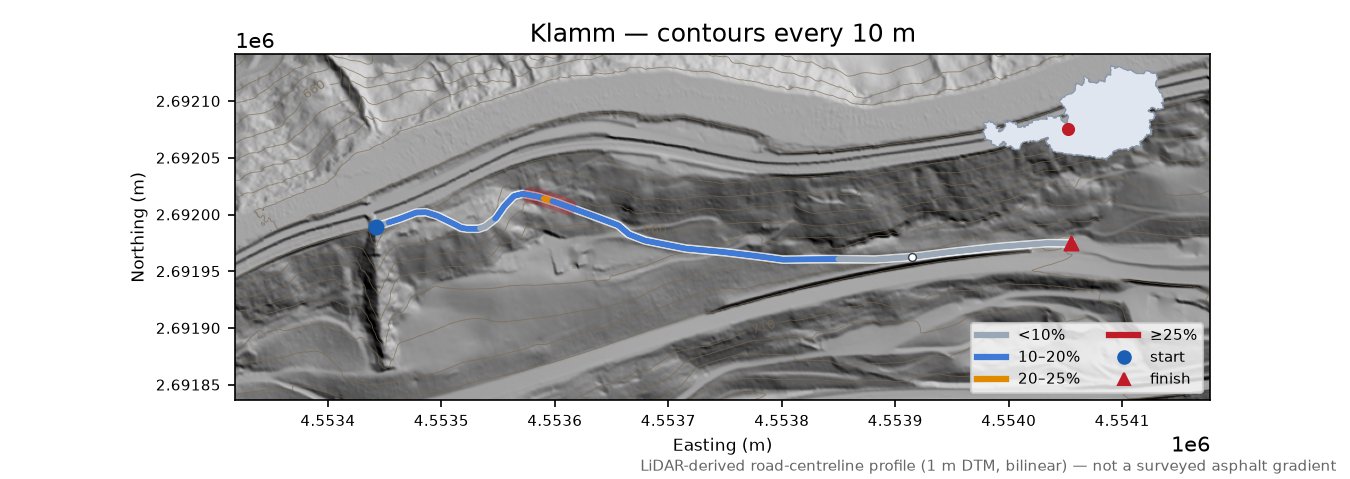 Klamm LiDAR hillshade map with contours