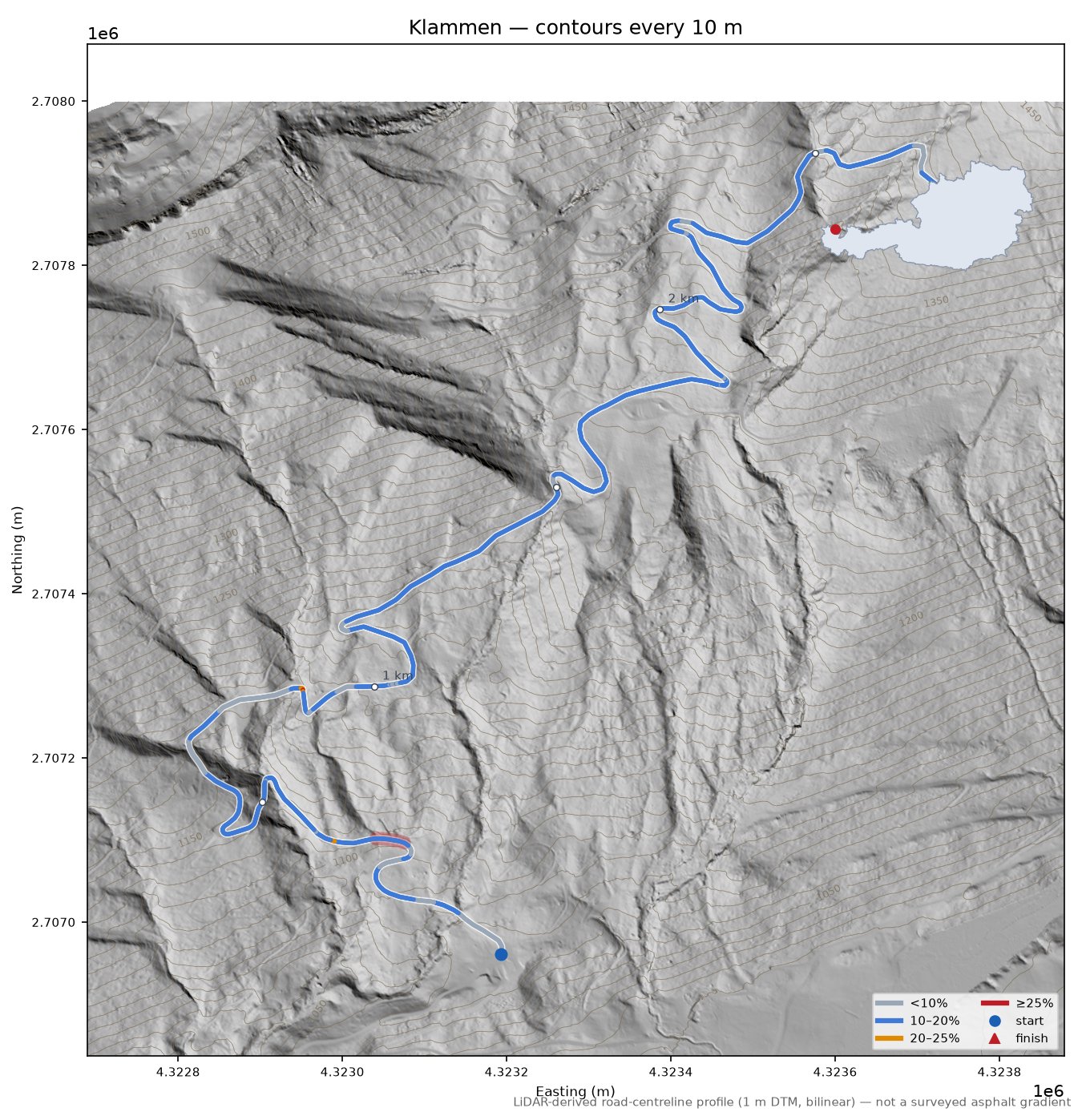 Klammen LiDAR hillshade map with contours