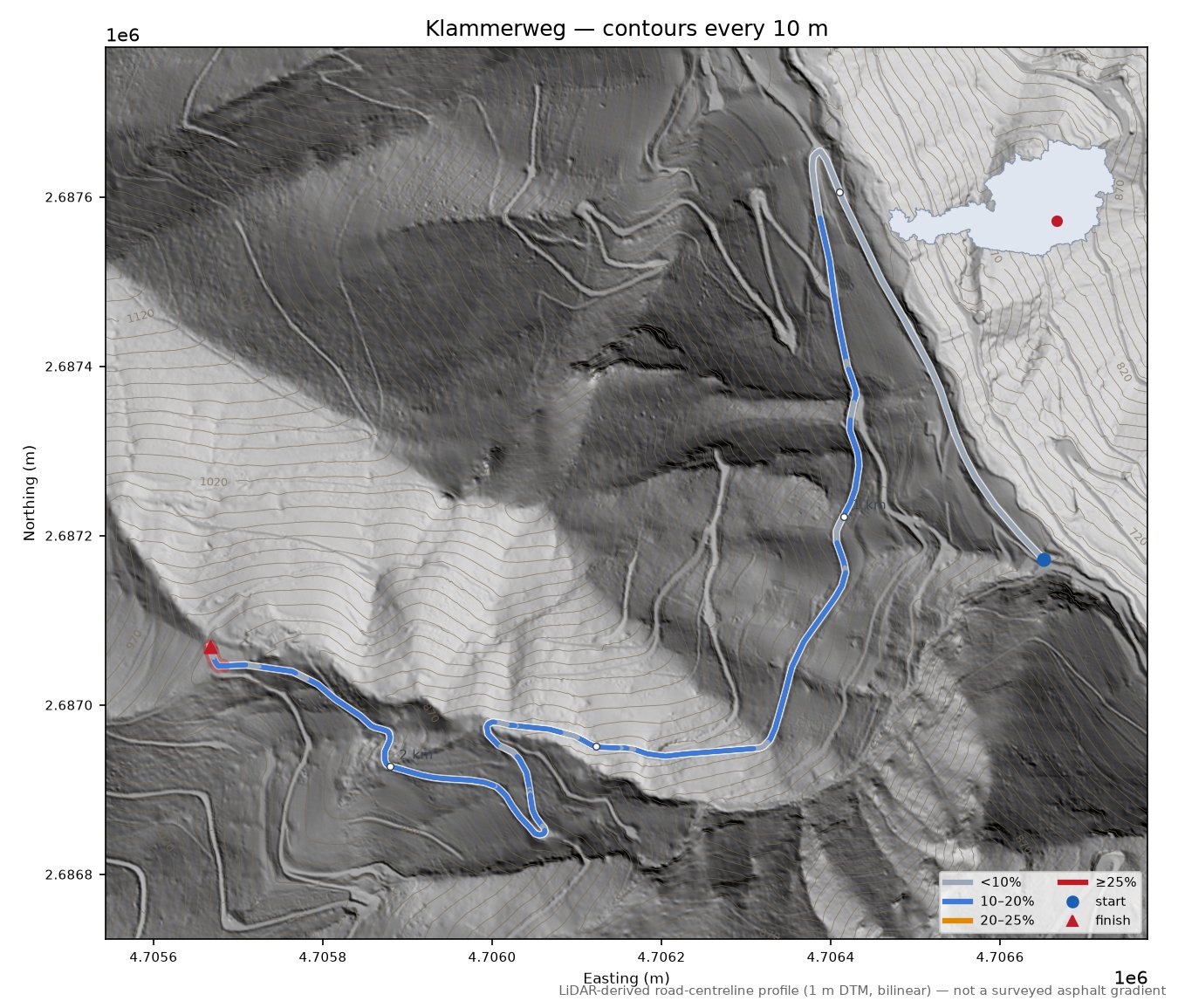 Klammerweg LiDAR hillshade map with contours