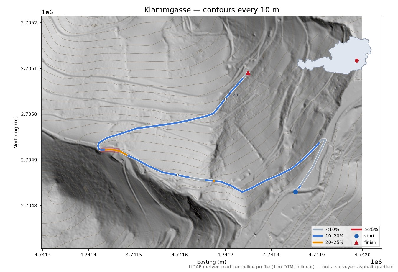 Klammgasse LiDAR hillshade map with contours