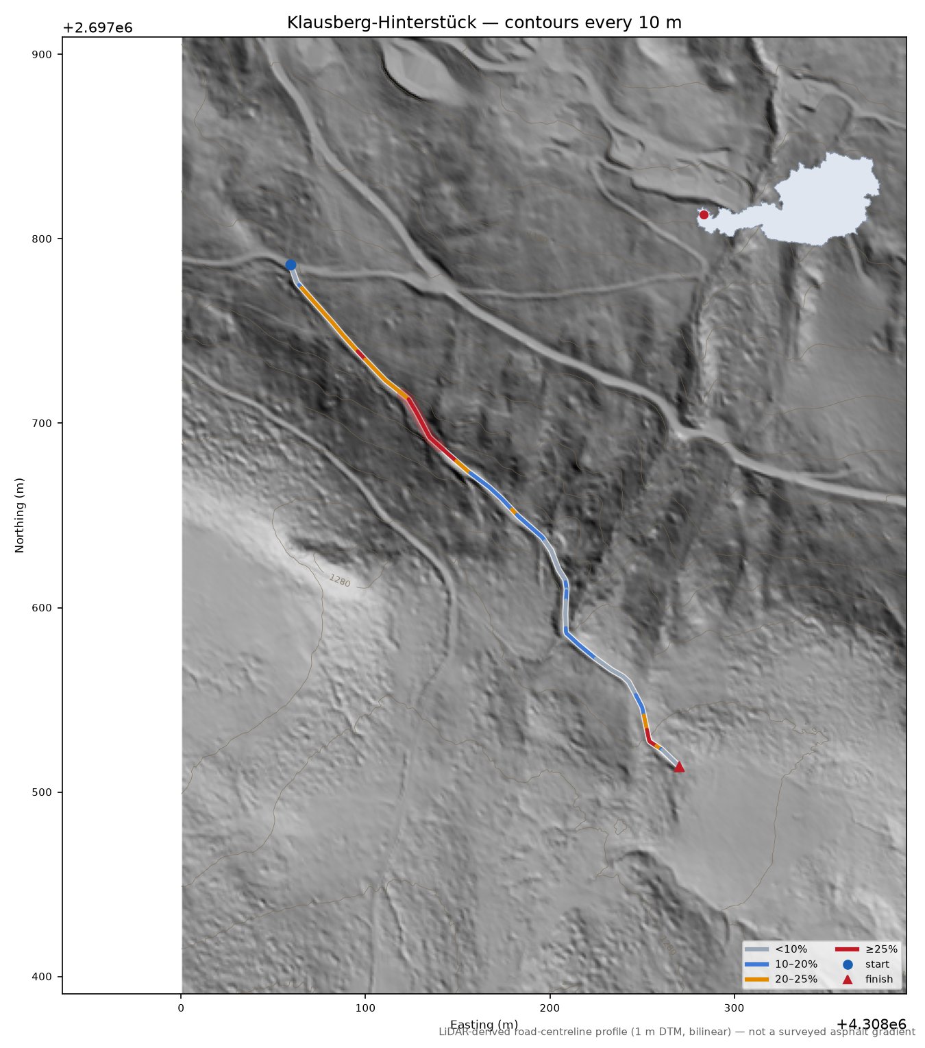 Klausberg-Hinterstück LiDAR hillshade map with contours