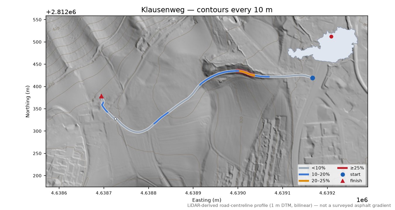 Klausenweg LiDAR hillshade map with contours
