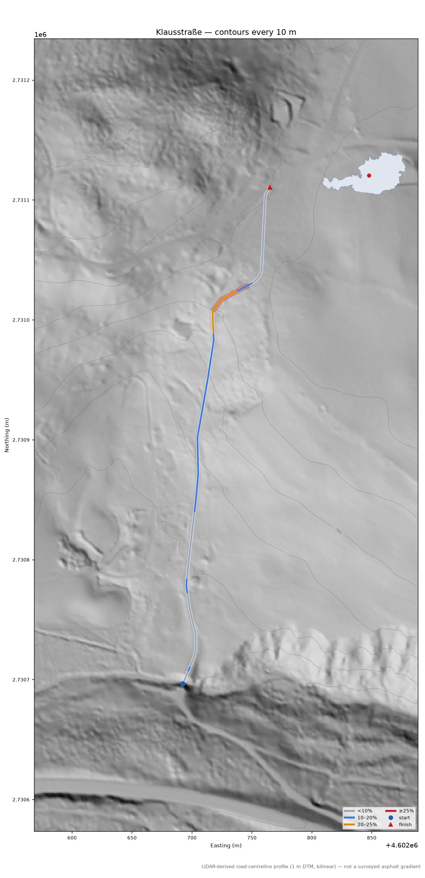 Klausstraße LiDAR hillshade map with contours