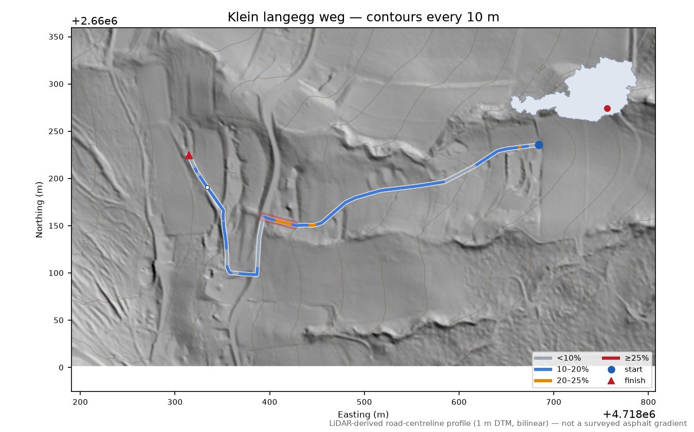 Klein langegg weg LiDAR hillshade map with contours