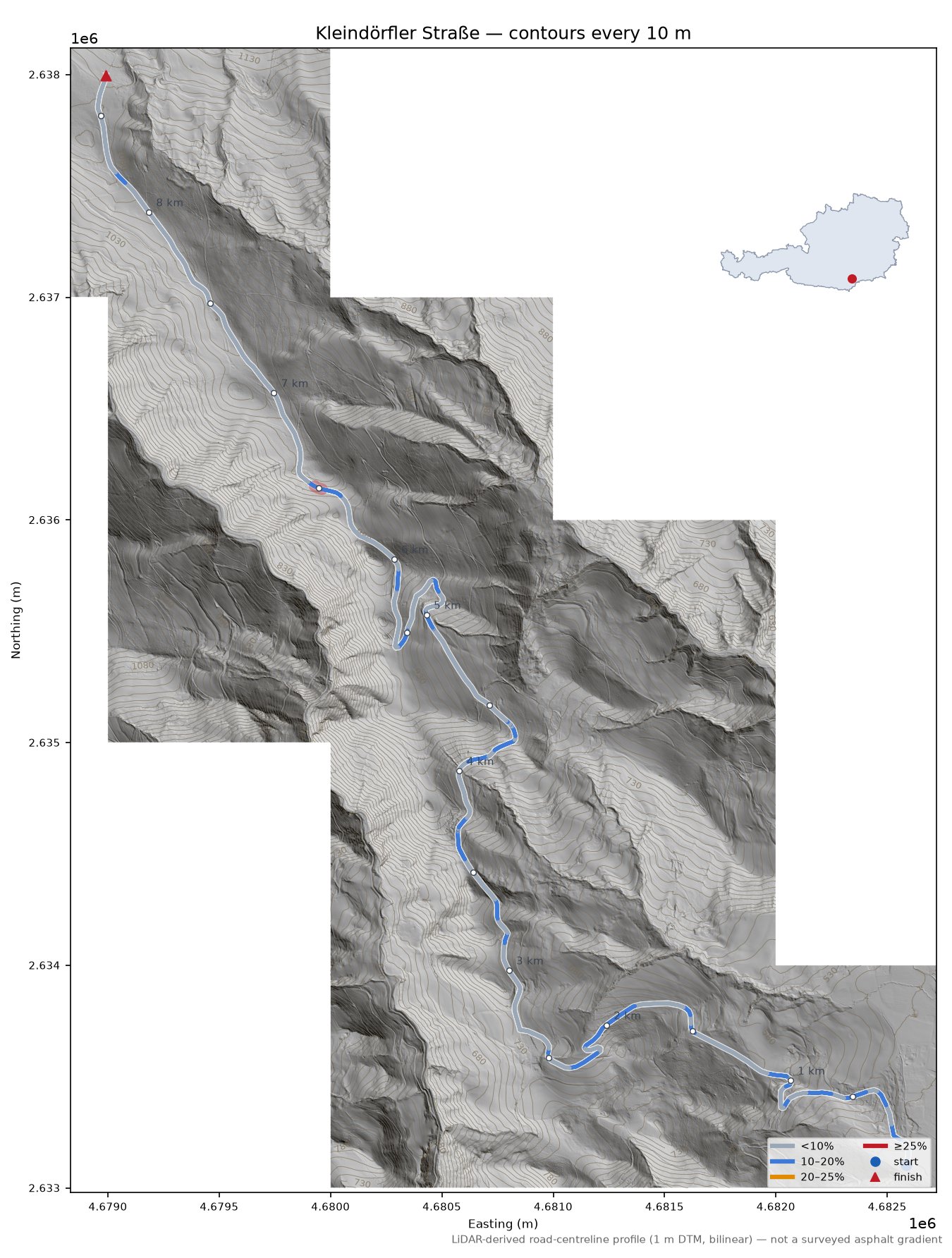 Kleindörfler Straße LiDAR hillshade map with contours
