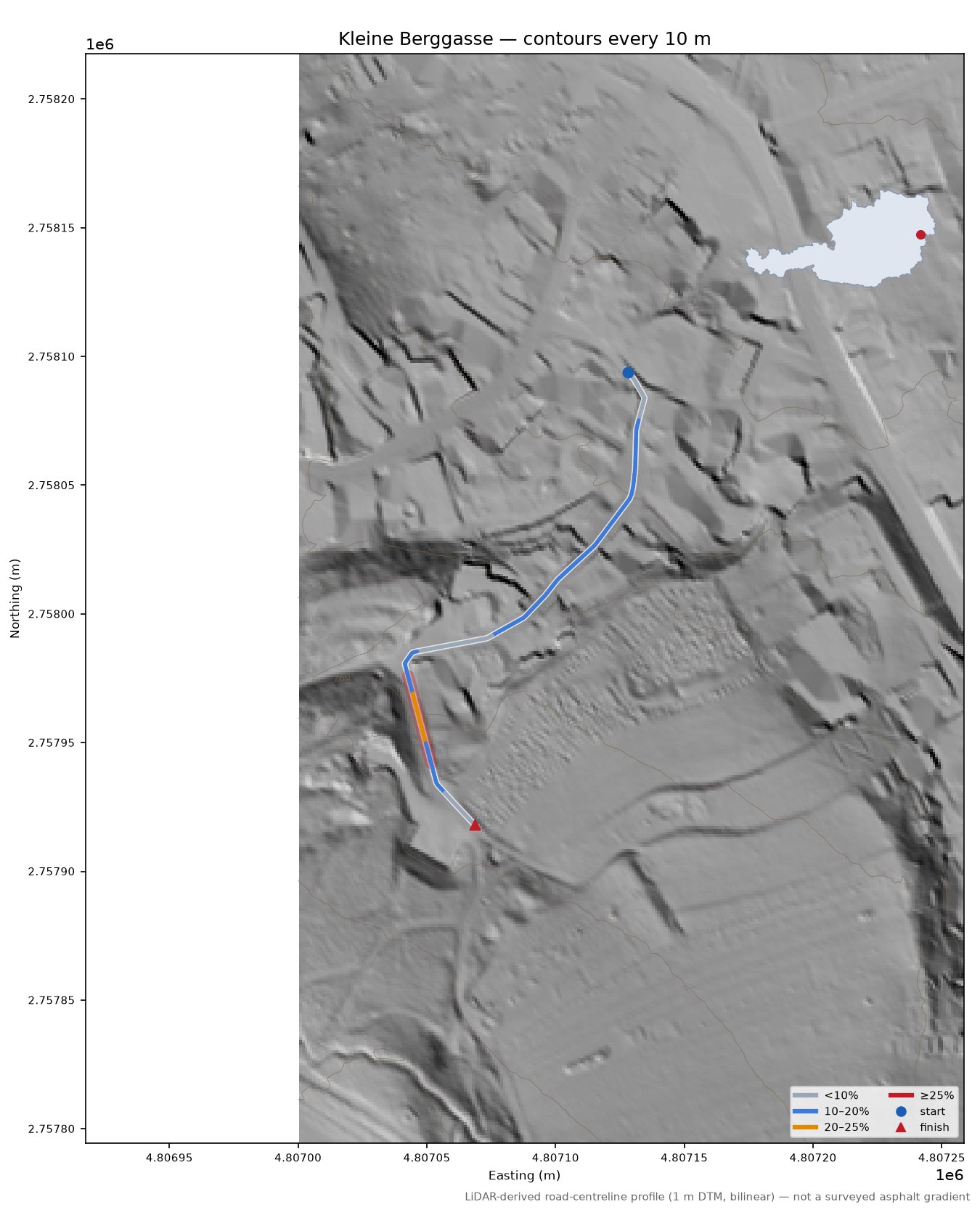 Kleine Berggasse LiDAR hillshade map with contours