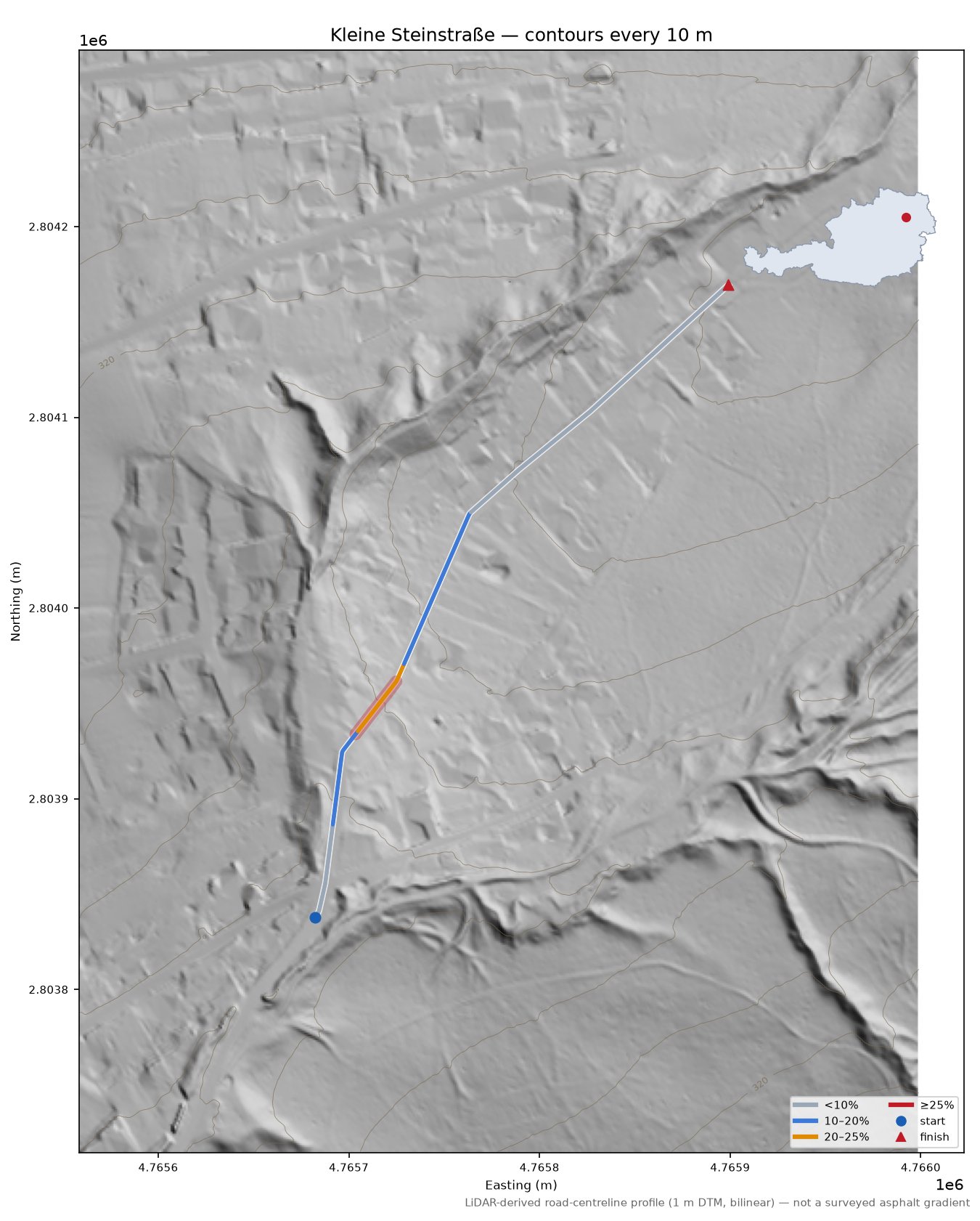 Kleine Steinstraße LiDAR hillshade map with contours