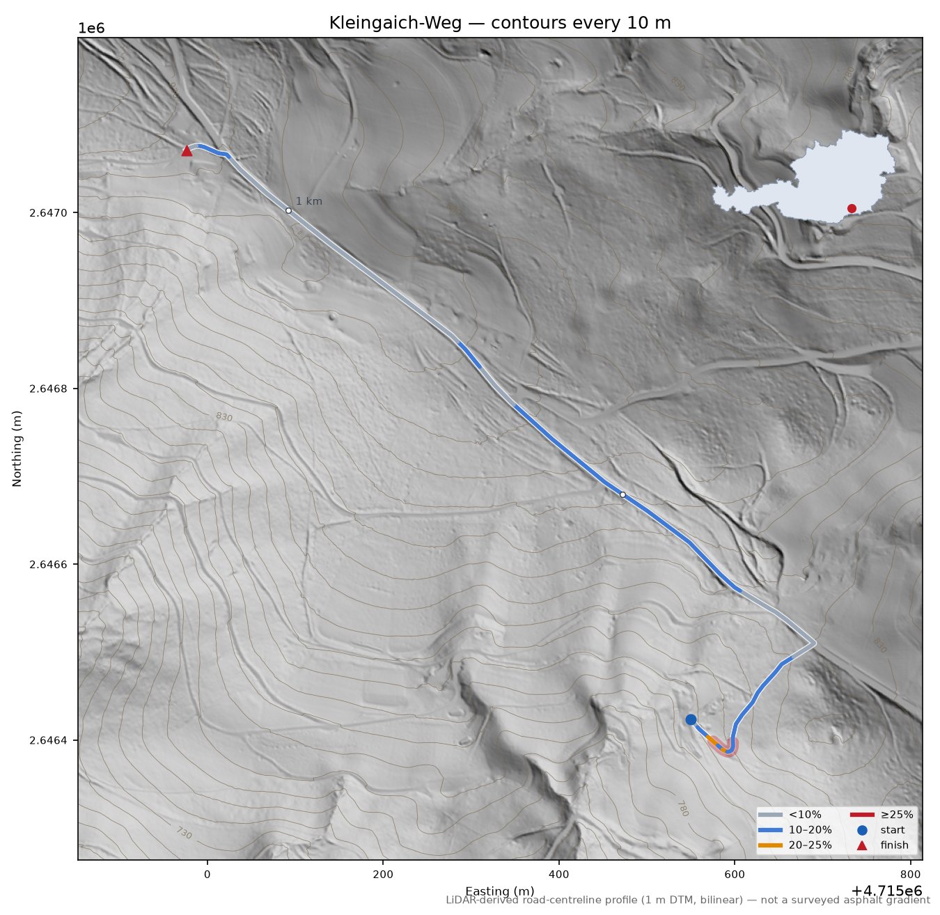 Kleingaich-Weg LiDAR hillshade map with contours