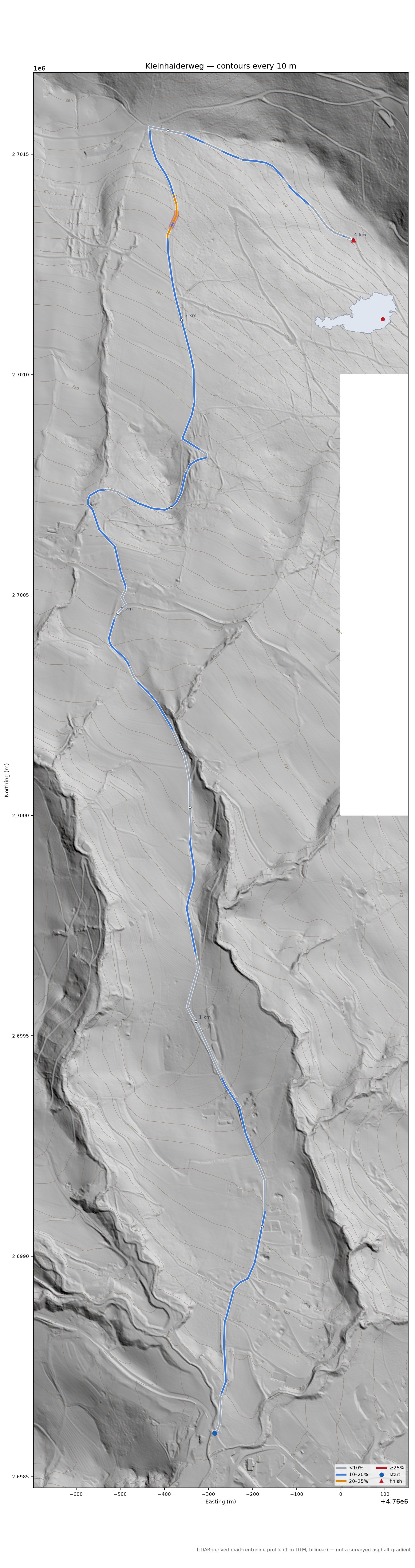 Kleinhaiderweg LiDAR hillshade map with contours