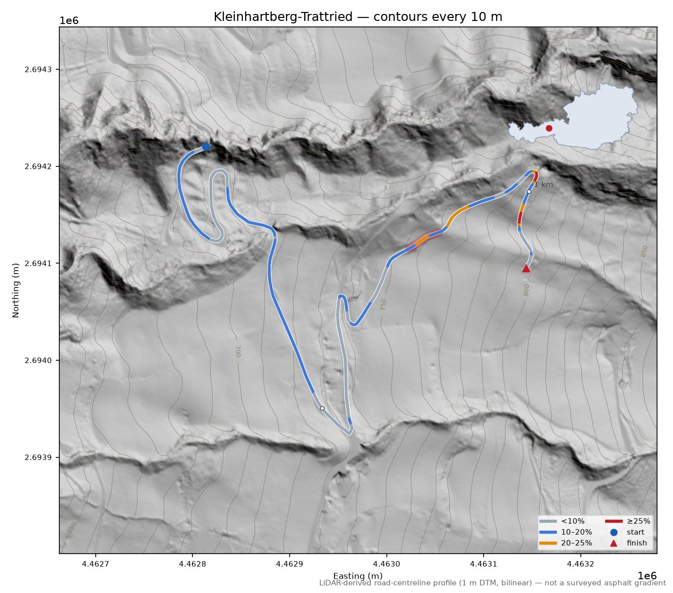 Kleinhartberg-Trattried LiDAR hillshade map with contours