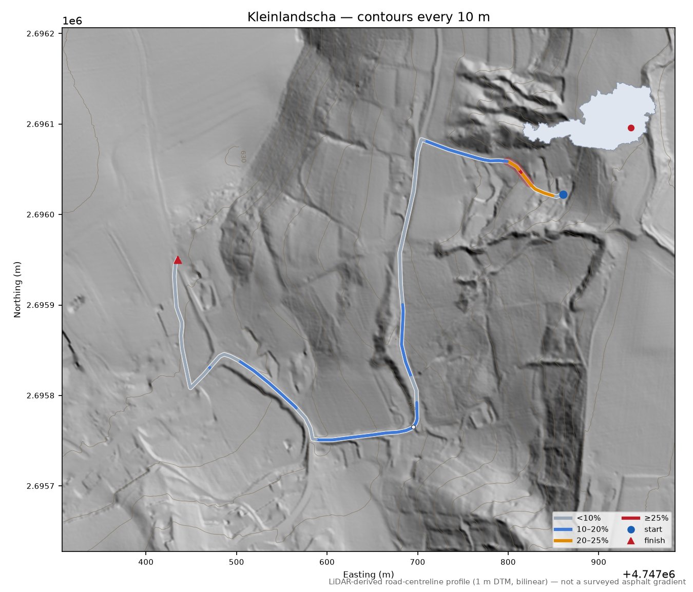 Kleinlandscha LiDAR hillshade map with contours