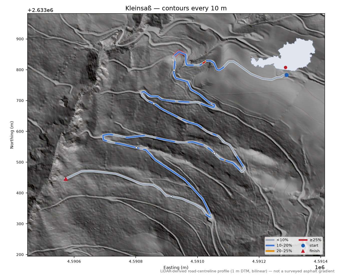 Kleinsaß LiDAR hillshade map with contours