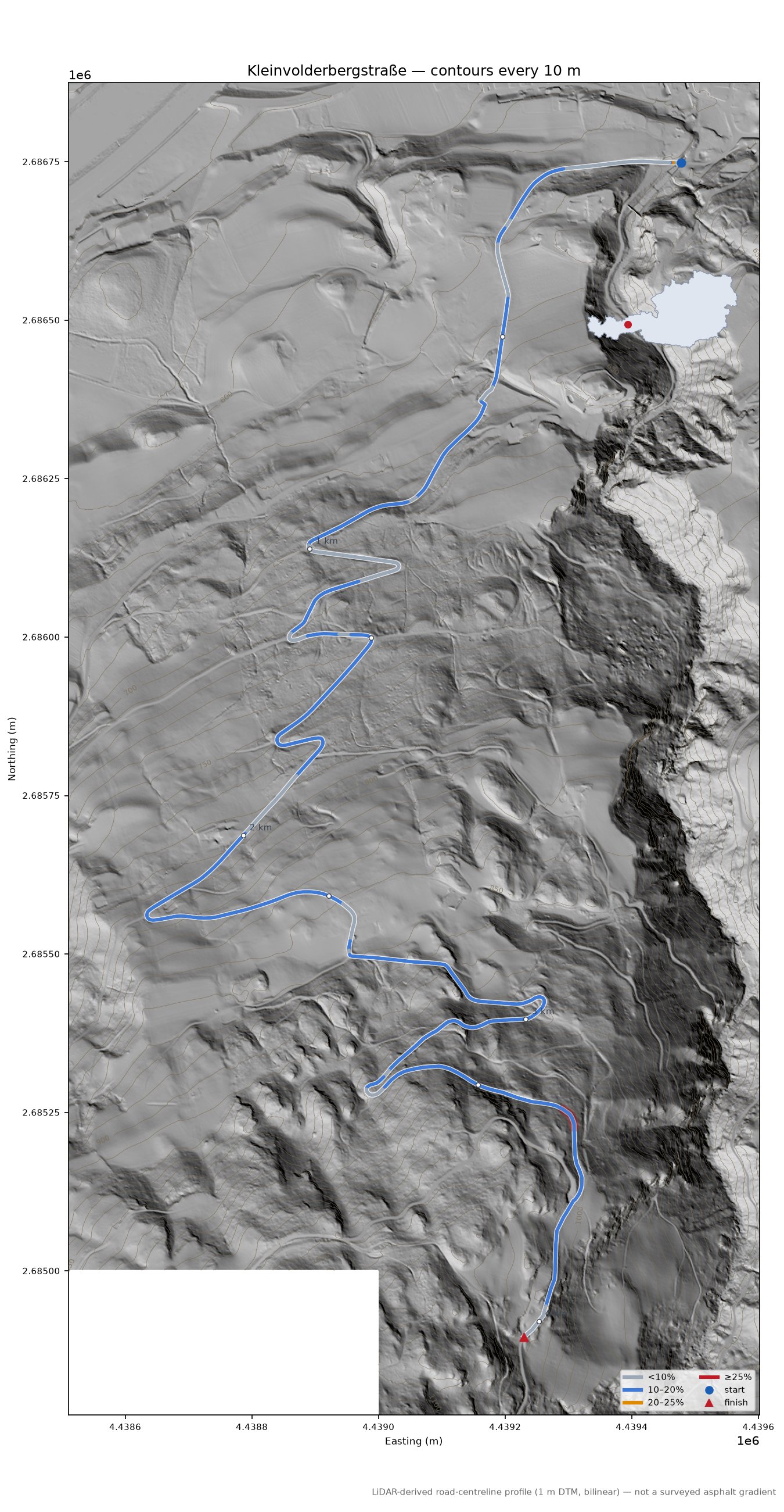 Kleinvolderbergstraße LiDAR hillshade map with contours