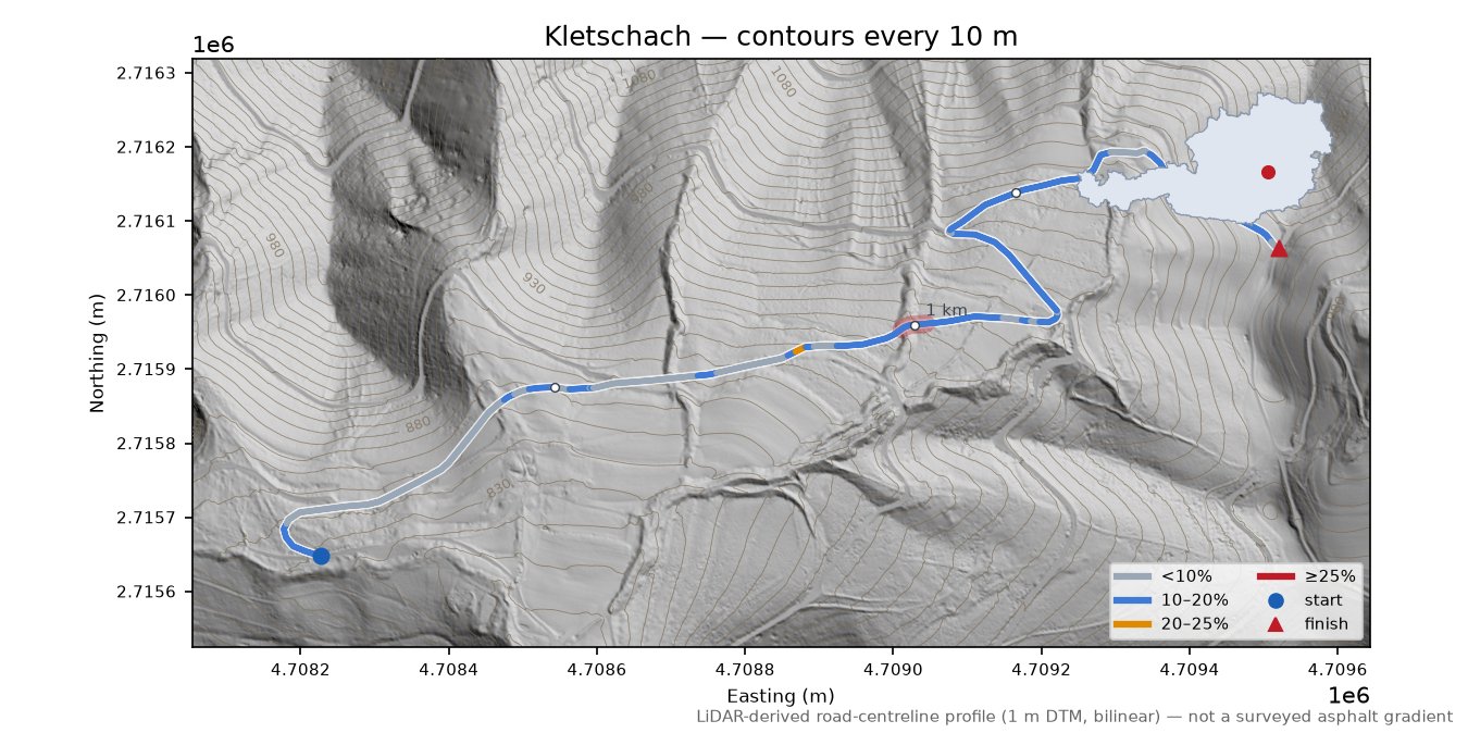 Kletschach LiDAR hillshade map with contours